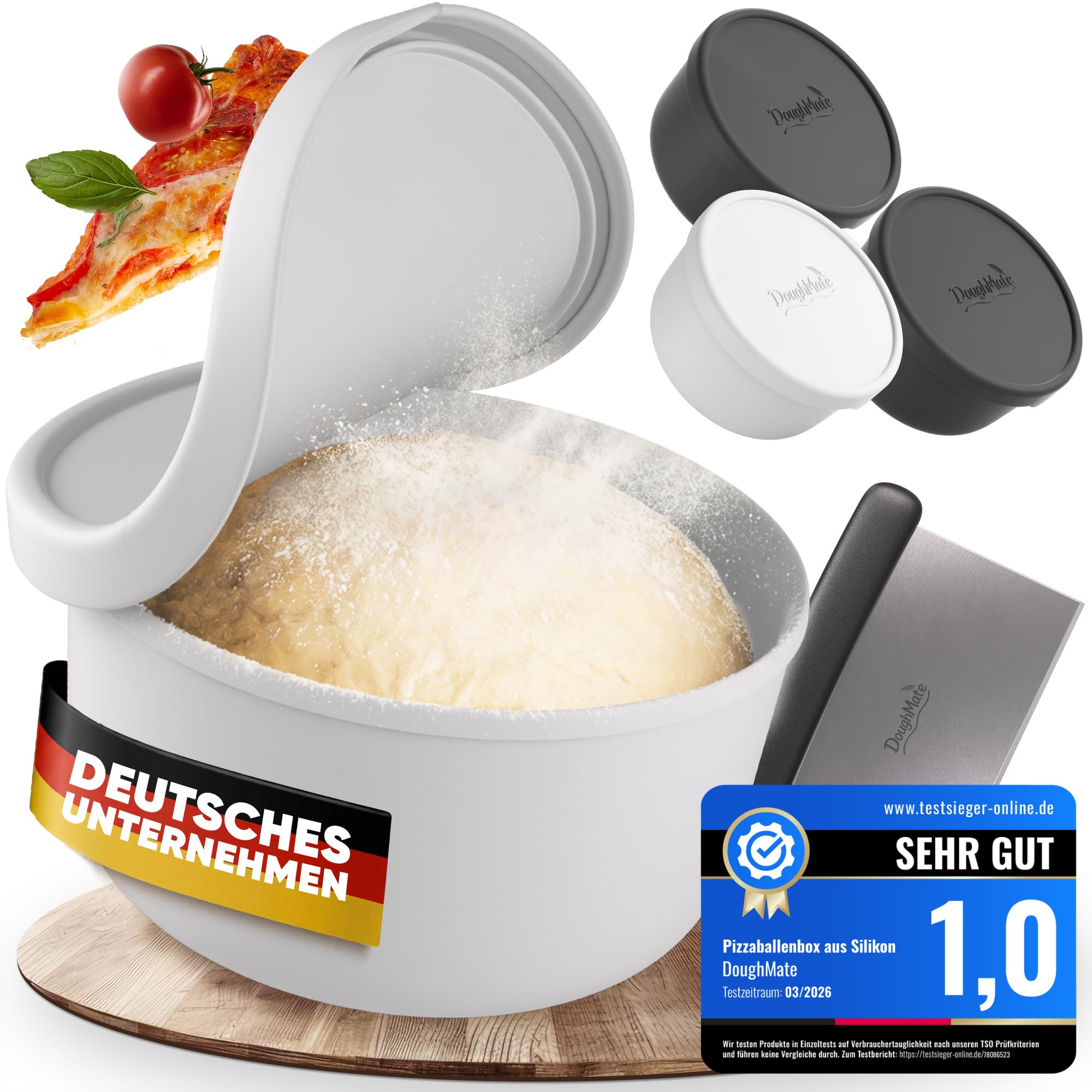 Lot de 4 boîtes à pizza avec couvercle - Idéal comme boîte à pizza, boîte à pâte, boîte de fermentation, pour jusqu'à 350 g de pâte à pizza, silicone anti-adhésif, passe au congélateur et au