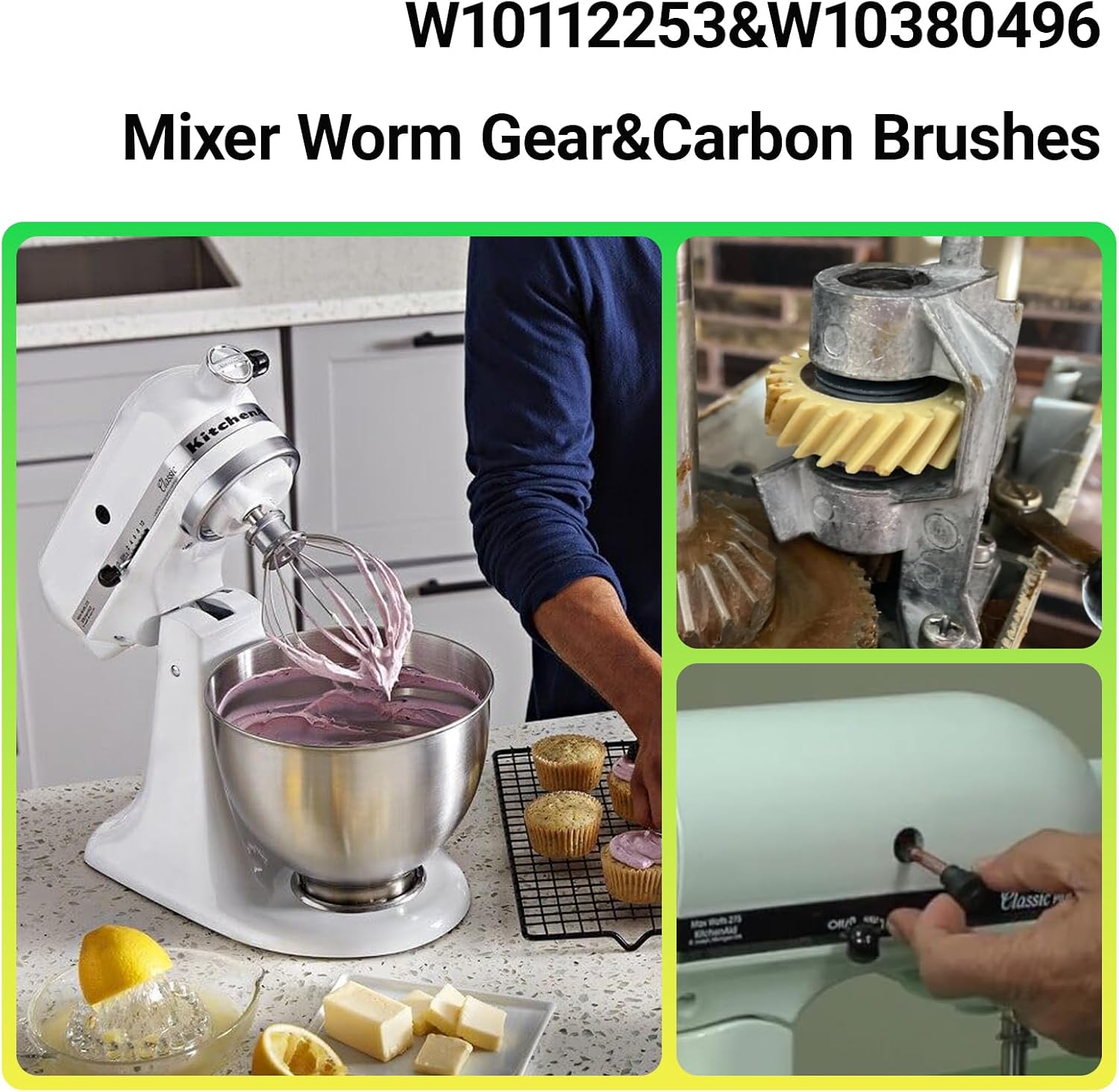 2-Pack W10112253 Mixer Worm Gear & 3-Pack W10380496 Carbon Brushes Replacement Kit for Whirlpool & KitchenAid Stand Mixers– Replacement for KSM88RBQ2, 5K5SS, 5K45SS, 4162897, 4169830, AP4295669