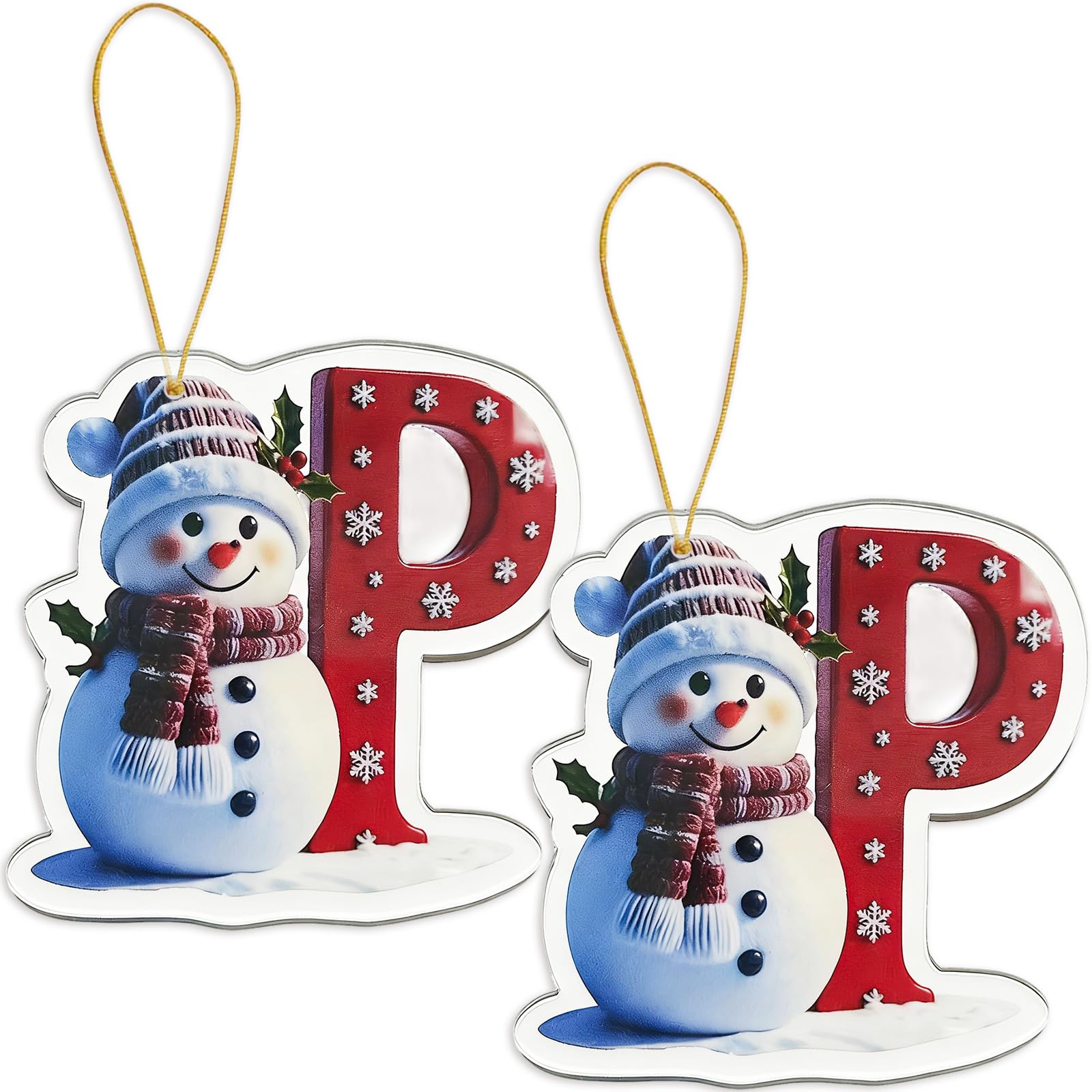 FAMINESS 2PCS 2D Acrylic Letter P Snowman Christmas Ornaments - 26 Alphabet Tree Decorations Hanging Ornaments for Party Gifts