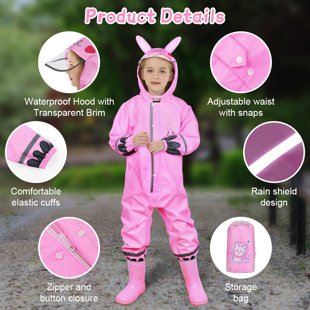 Impermeables para Niñas, Encapuchado Mono de Bolsillo, Reutilizable Lluvia Reflectante, Dibujos Animados Estampados Chaqueta Lluvia, Chubasqueros Chaquetas Ligero Capa de Lluvia