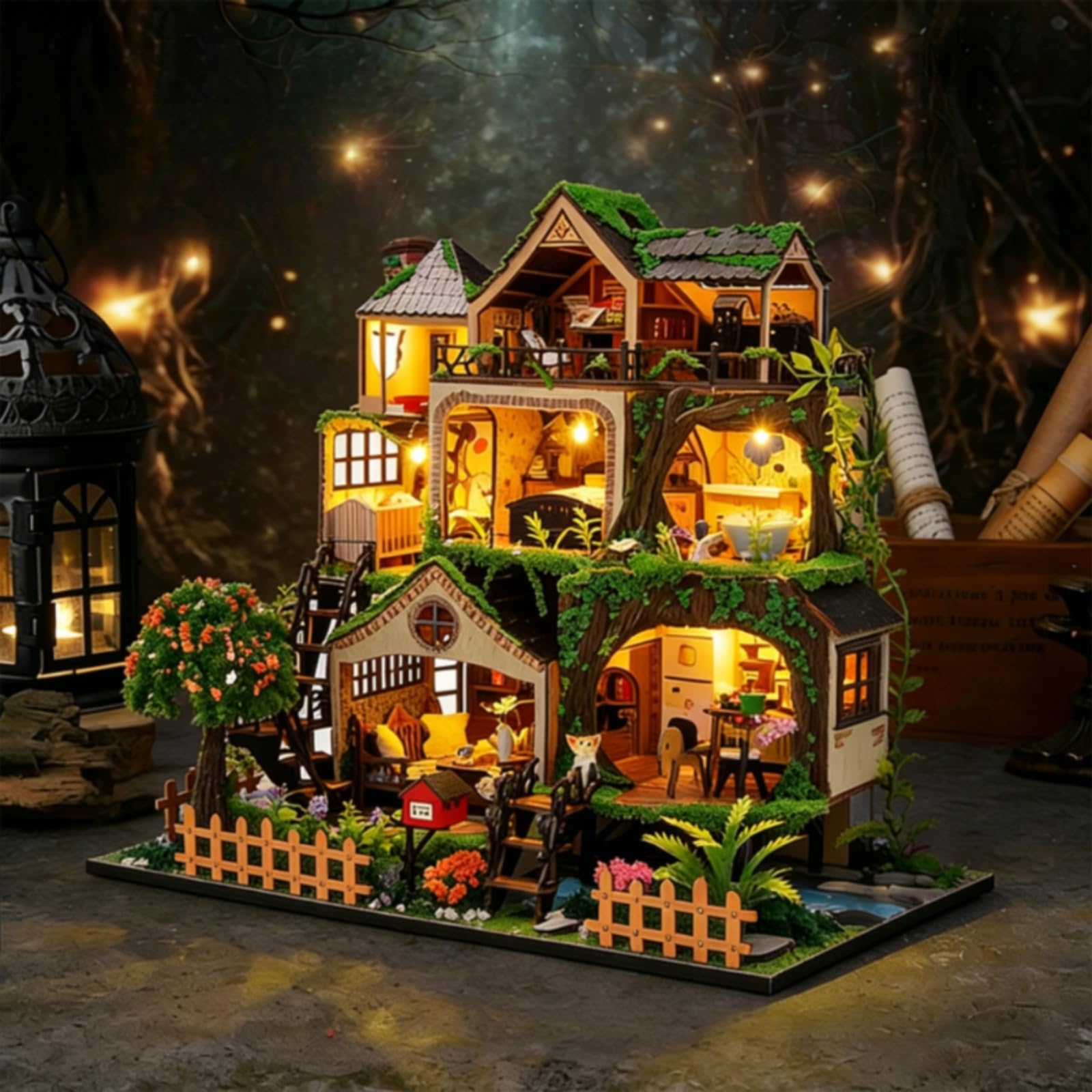 Gralara Casa in Miniatura Fai da Te Luminoso Casa in Miniatura Decorativo Miniature Angolo Libreria con Luci per Collezionisti, Libreria, Scrivania, Soggiorno, L2501童话森林-中文包装