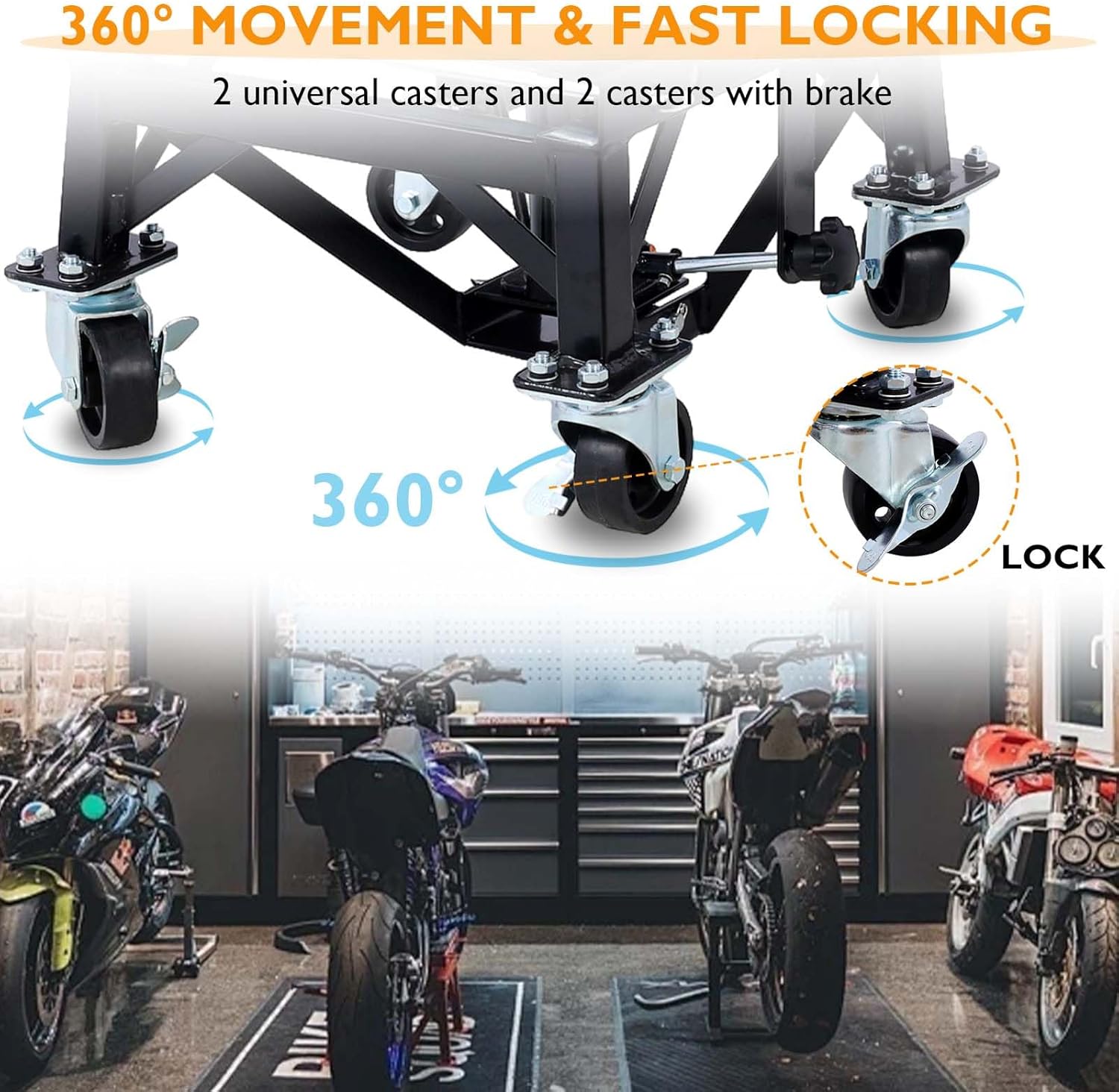 Hydraulic Motorcycle Lift Table, 350 lbs Capacity Scissor Jack Lift with Wide Deck, J-Hooks, 4 Wheels, Foot-Operated Jack Stand for ATV Dirt Bikes (Black)