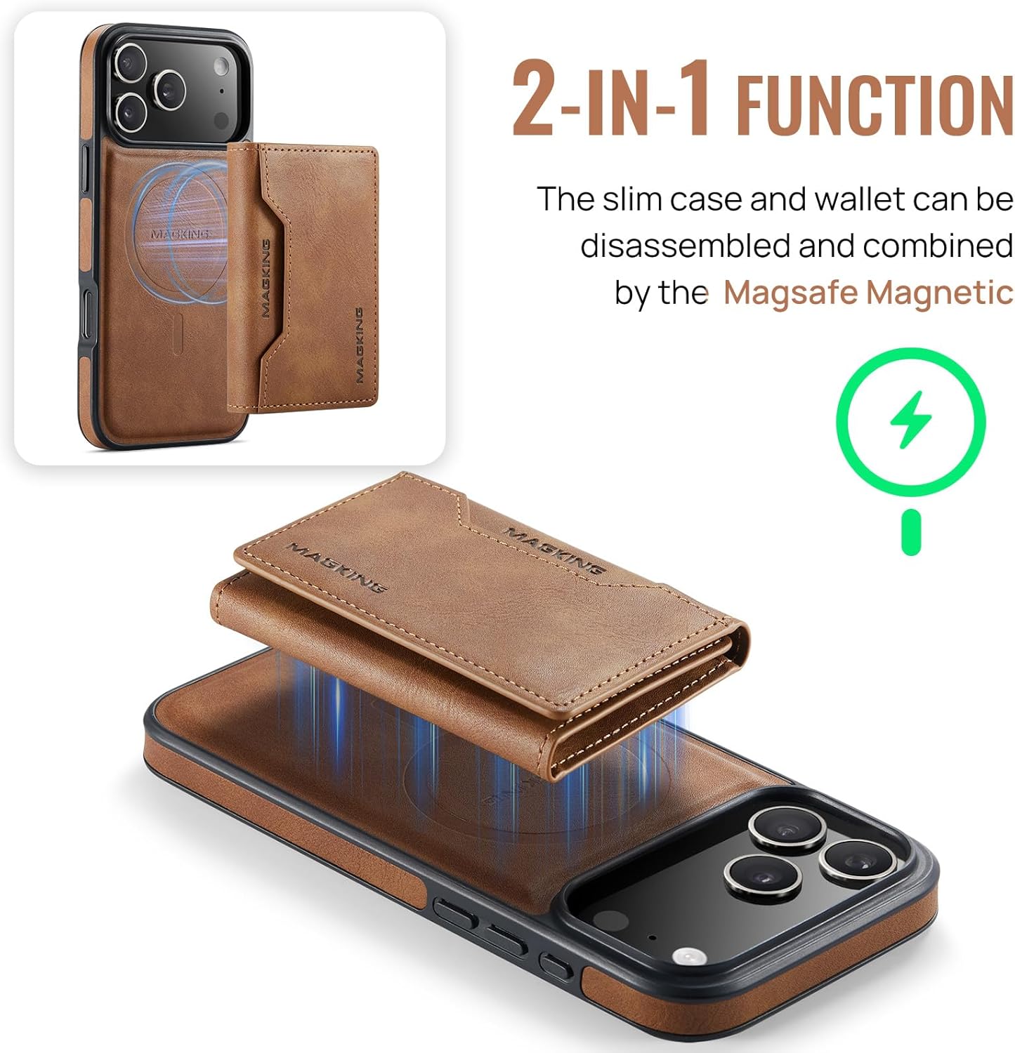 SZHAIYU K2 2 in 1 Detachable Magnetic Phone Cases Compatible with iPhone 17 Pro Max Case with Card Holder RFID Blocking, Compatible with Magsafe Wallet, Leather 6.9'' (Brown, iPhone 17 Pro Max)