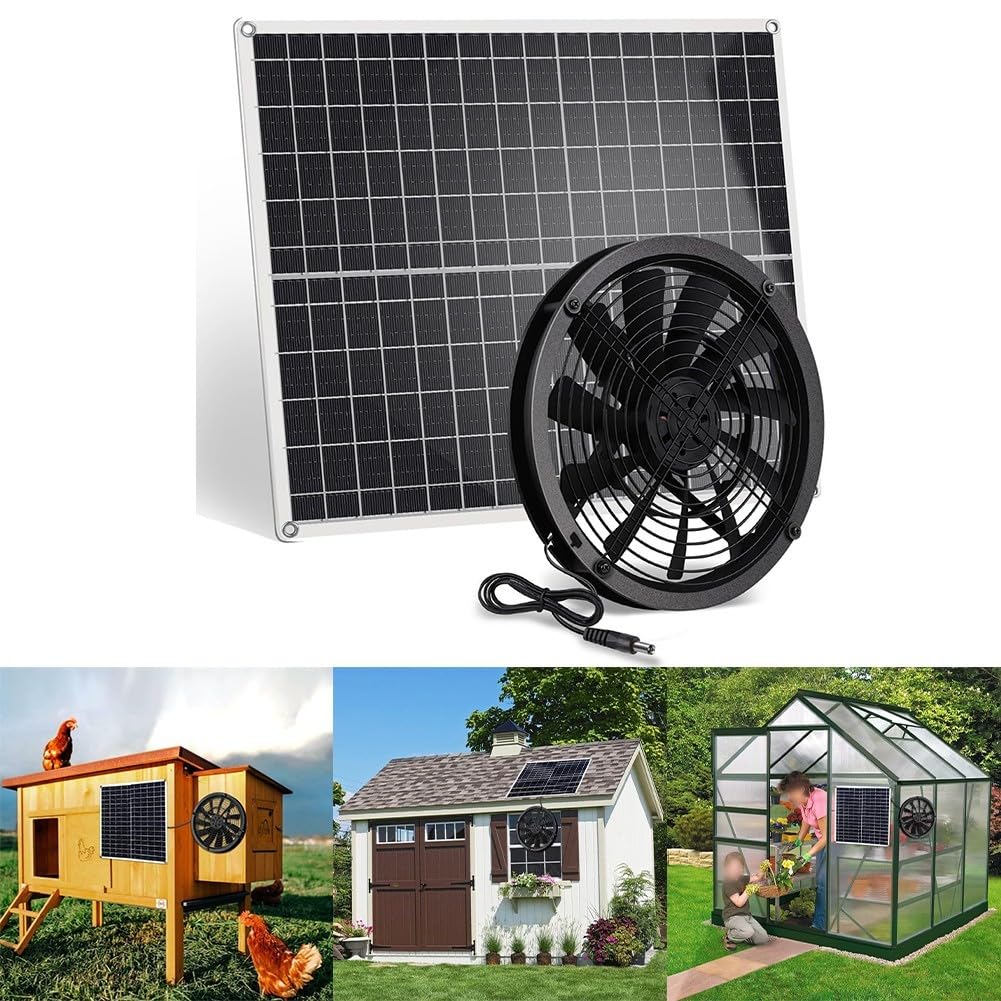 Ventola di scarico solare da 20 W con rete metallica per ventilazione di polli, serre, capanni, IP65, impermeabile, pannello monocristallino, nero