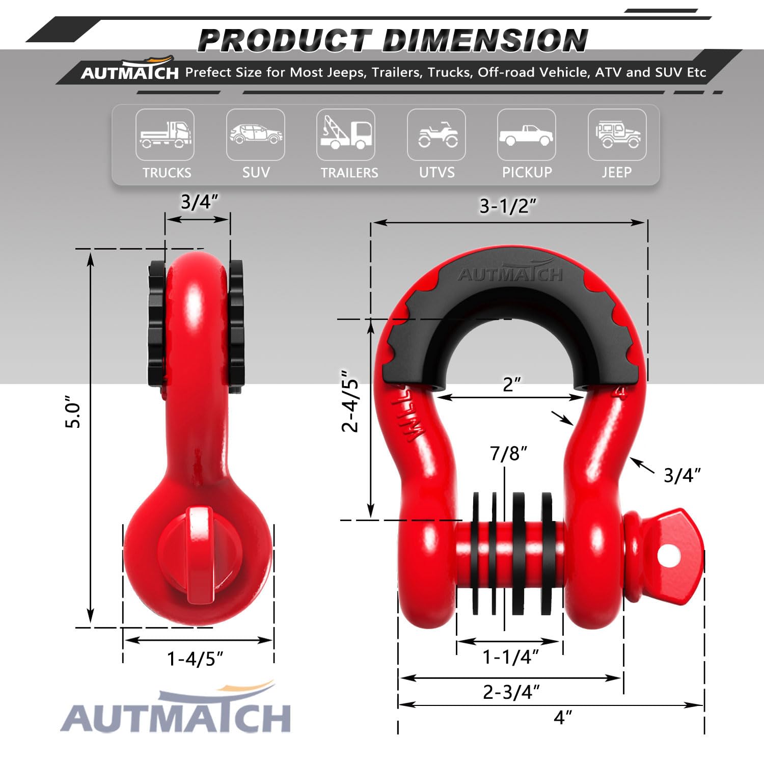 AUTMATCH D Ring Shackle 3/4" Shackles (2 Pack) 41,887Ibs Break Strength - Clevis Shackles with 7/8" Screw Pin and Shackle Isolator Washers Kit for Tow Strap Winch Off Road Vehicle Recovery, Red