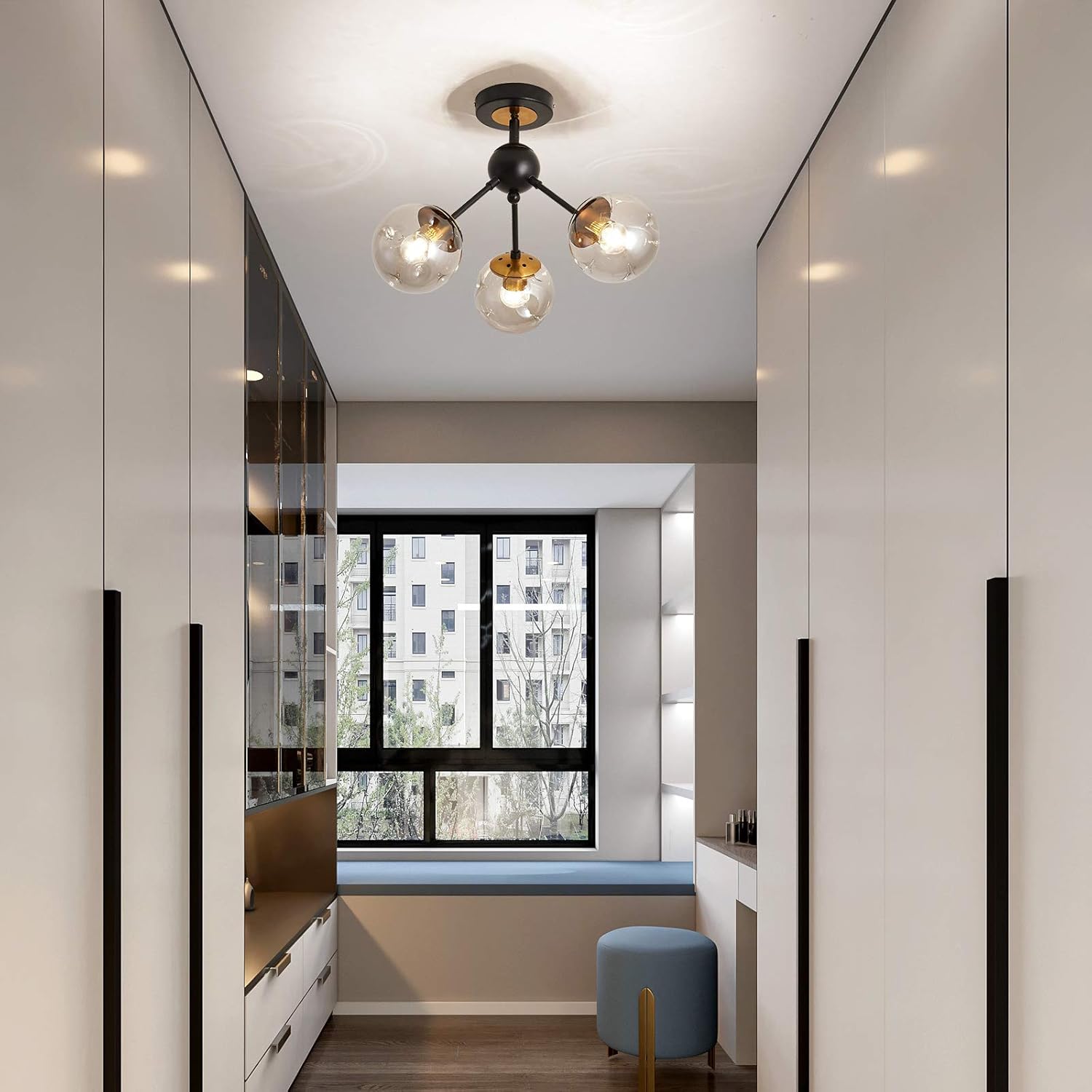 SZXYKEJI 3-Light Chandelier ，Vintage Semi Flush Mount Ceiling Light Fixture with Glass Globe， Black Ceiling Light for Hallway Stairway Porch Entryway Kitchen Bedroom Laundry Farmhouse..