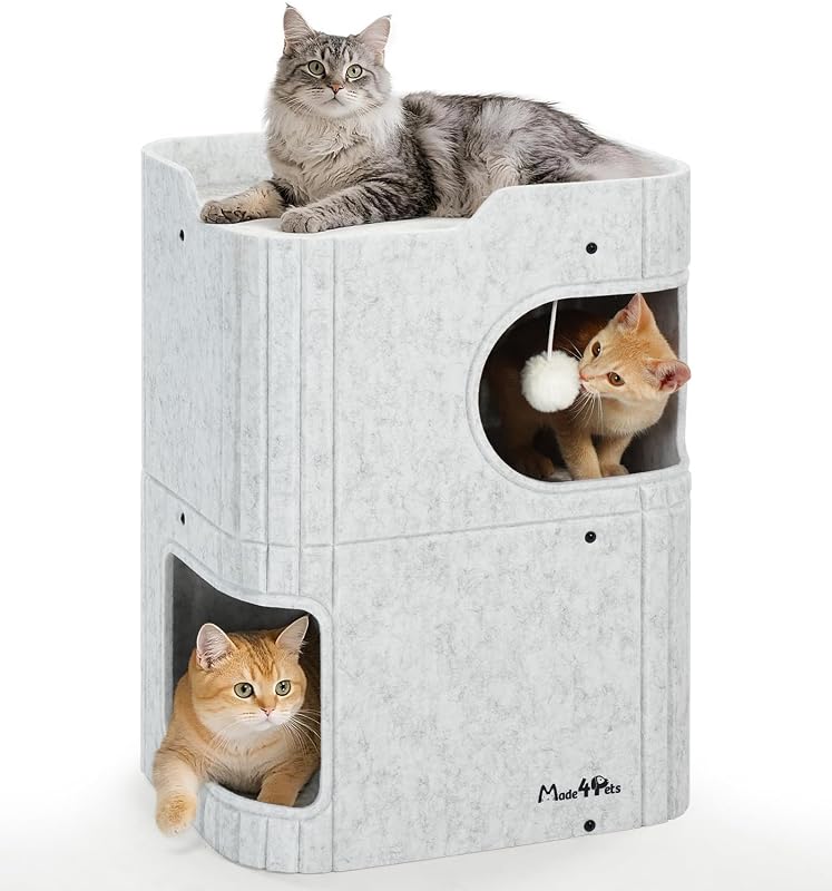 Casa para Gatos de 2 Andares em Feltro com Esconderijo Coberto MADE 4 PETS Marble White, 35,05 x 43,94 x 59,94 cm