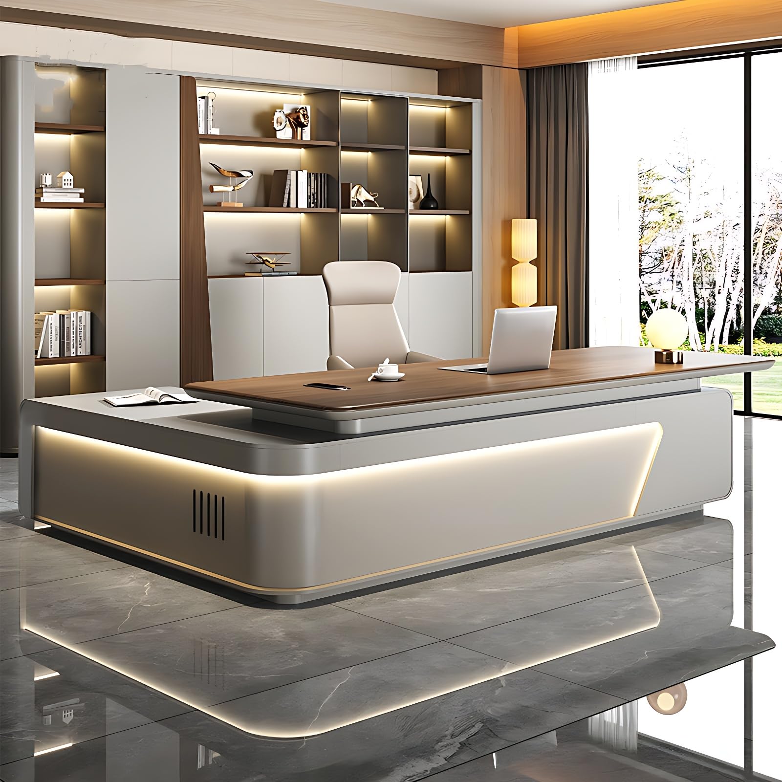 ZGNBSD Executive Desk - Atmospheric l Shaped Executive Desk, Office Desk with Drawers, Solid Wood l Desk, Home Office Desks with LED Light Strips, No