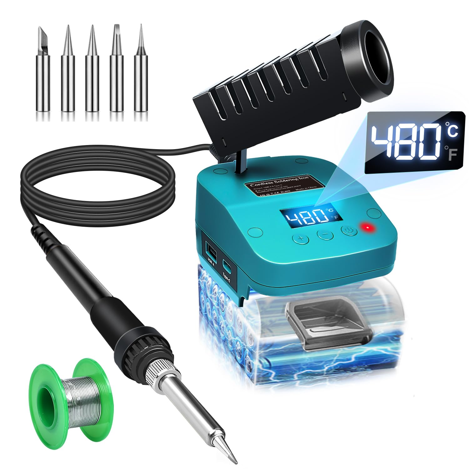 Cordless Soldering iron for Makita 18V Battery Fast Heating,Electric Digital LCD Soldering Station With USB and Type C Charge Ports,Portable Adjustable Solder iron kit for DIY,jewelry,Appliance Repair