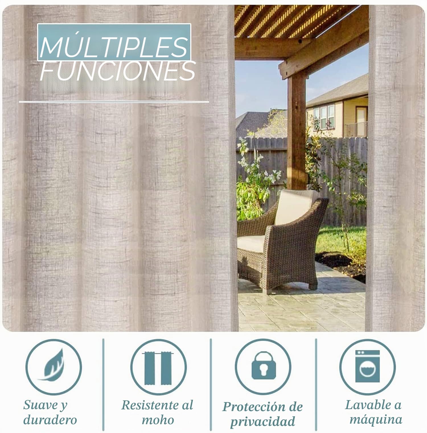 Cortinas De Exterior, Parte Superior Con Lengüeta Adhesiva Desmontable Para Colgar Y Desenganchar Fácilmente,impermeable Cubierta De Cortina Blanca Transparente, 2 Paneles (2x 132x240 cm,Natural)