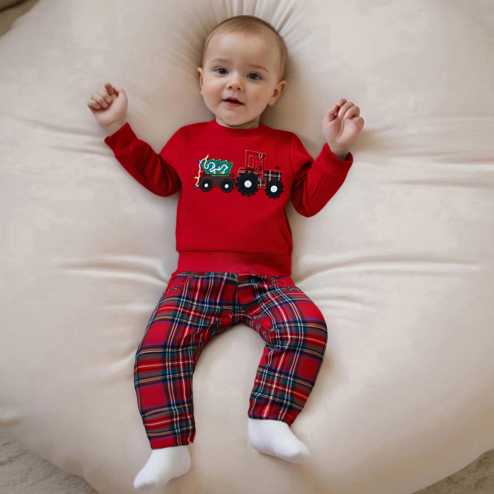 GXNRHG Kleinkind-Baby-Jungen-Valentinstag-Outfit, LKW-Herz-Aufdruck, langärmliges Sweatshirt mit Rundhalsausschnitt und Karierte Hose, süßes 2-teiliges Kleidungsset