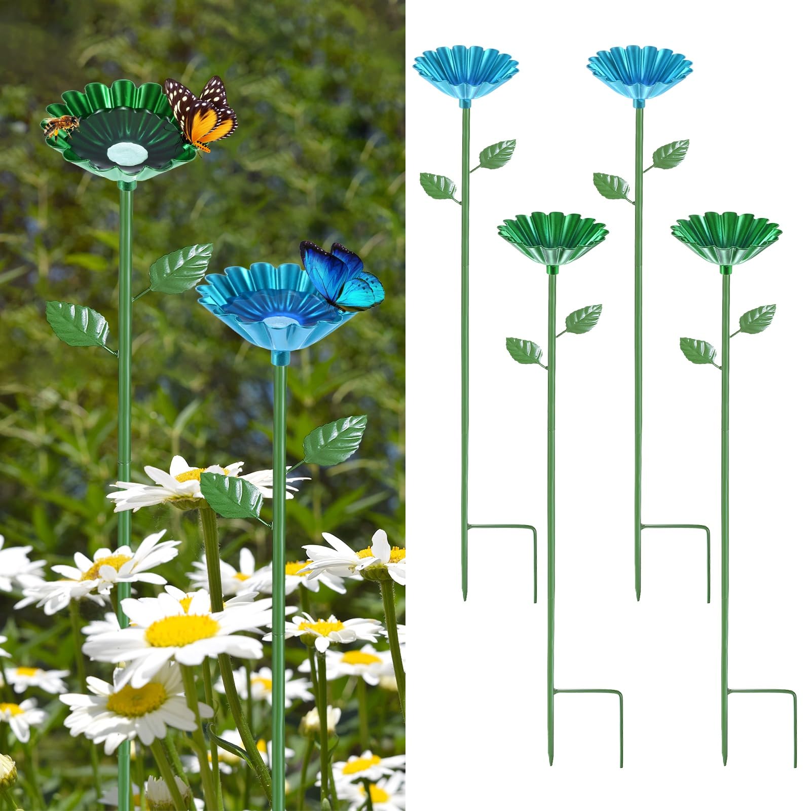 M METERXITY 4-Pack Bee Watering Station, 64cm/25 Inch Iron Bee Bath for Garden Water Feeder, Colorful Butterfly Bath Bowl for Outdoor/Garden/Yard Decor [Blue/Green]