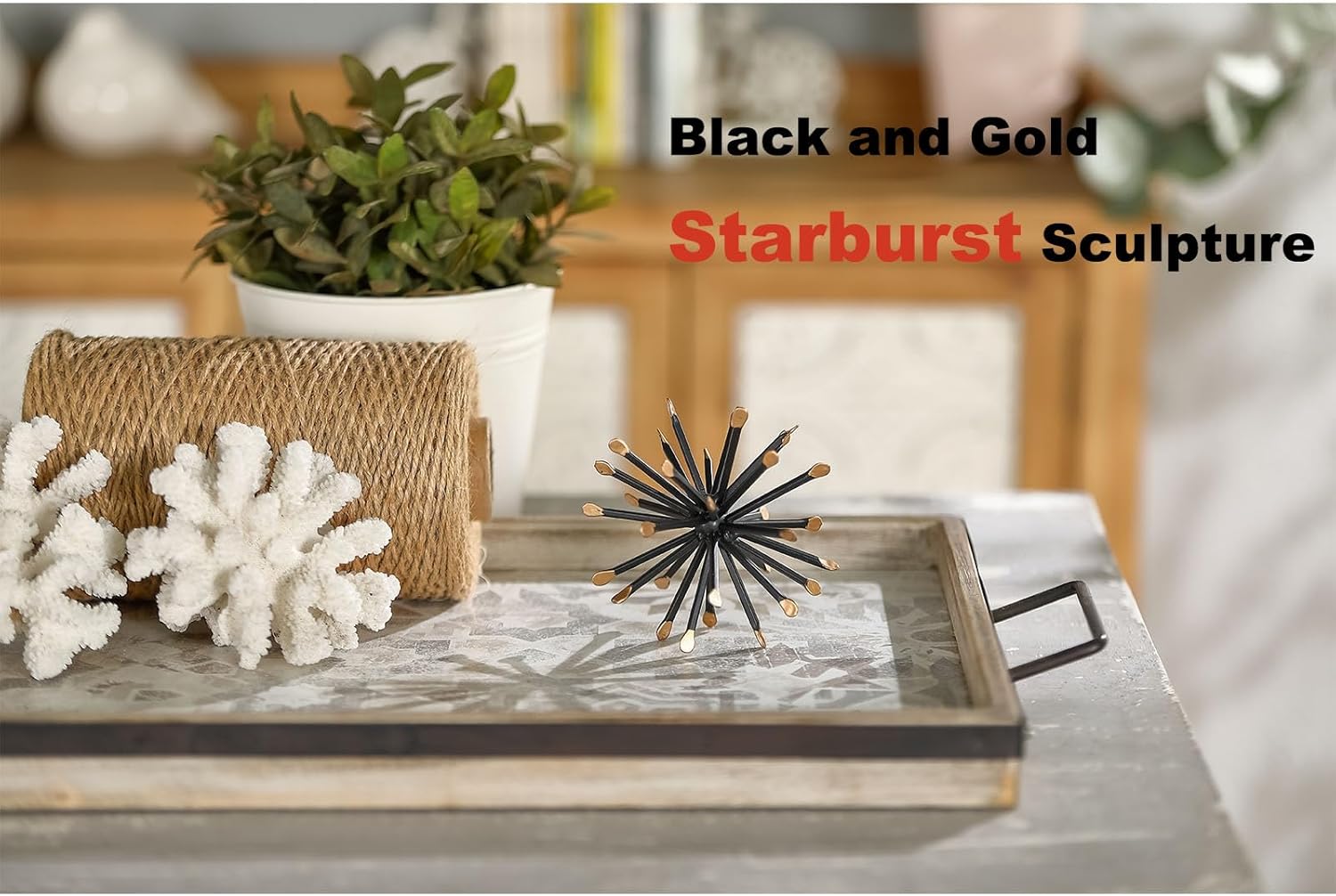 Black & Gold Sphere Decor, Metal Starburst Table Shelf Decor, Geometric Decorative Objects for Shelves, 3D Spike Decor Sculpture Home Decor Accents, 4.3”