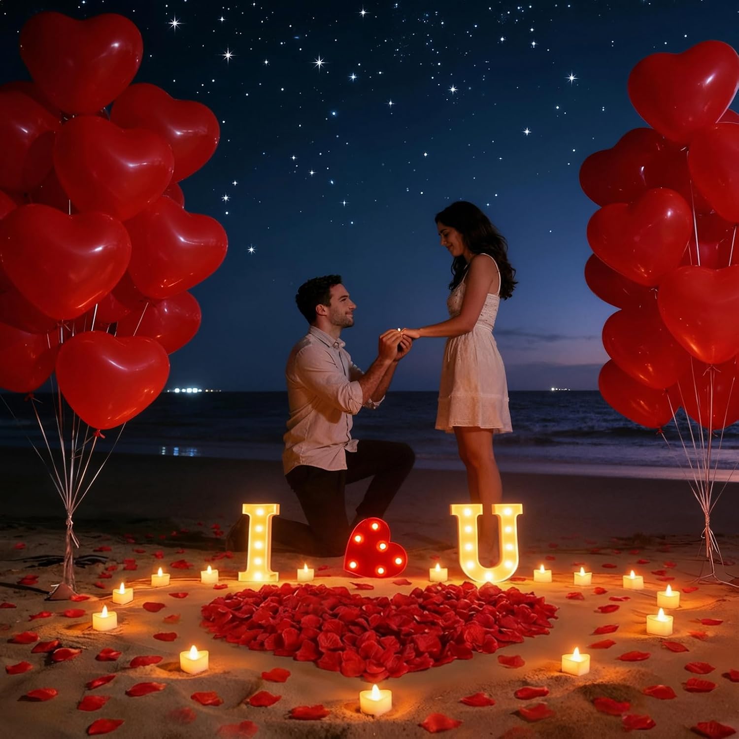 Valentines Day Decorations Proposal Kit - Light Up I Love U Sign, 2000 Red Rose Petals, 30 Flameless Candles, 30 Red Heart Balloons, Romantic Decorations for Special Night, Outdoor Proposal - Image 6