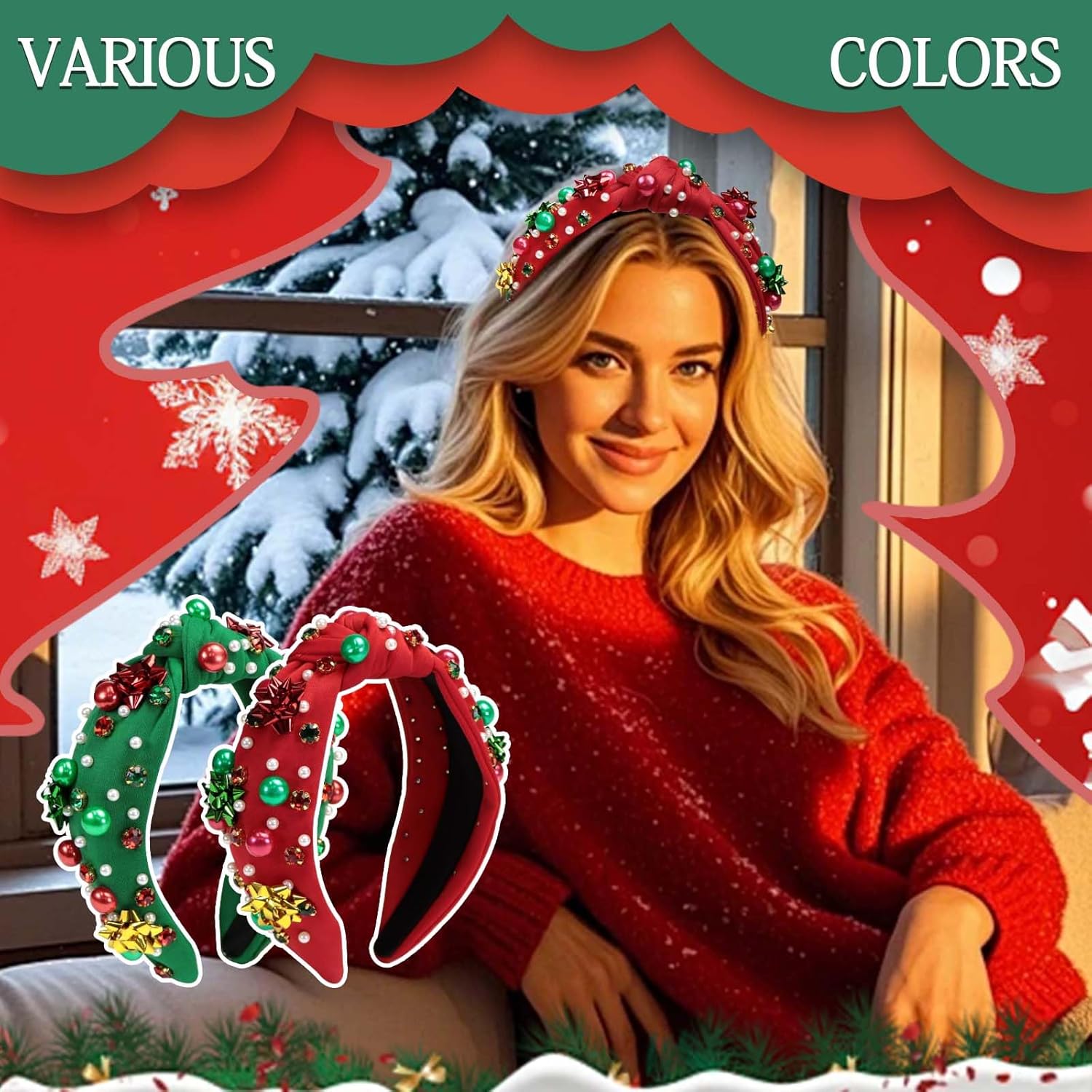 Christmas Headbands for Women with Pearl Crystal Flower Designs Red Headband Xmas Hairband Winter Hair Accessories 1Pcs - Image 2