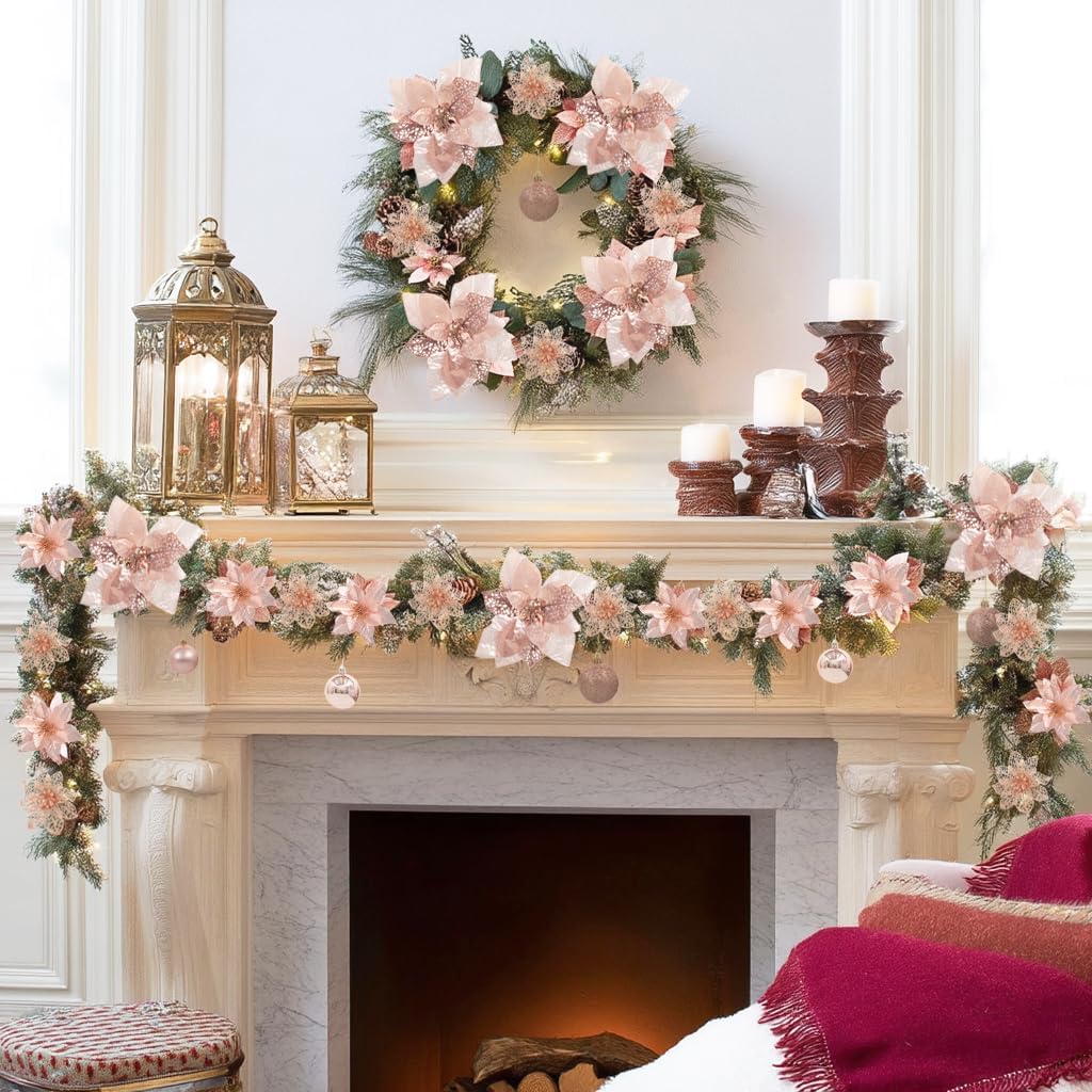 KEPATO 48PCS Christmas Tree Decorations Set, Rose Gold Christmas Ornaments Set Includes Ball, Artificial Poinsettia Flowers and Berries, for Xmas Tree Decor (Rose Gold)