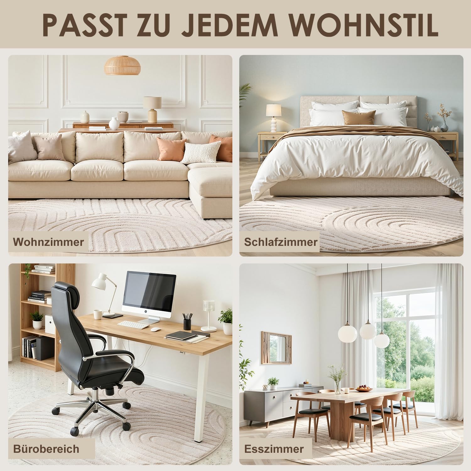 Runder Teppich Beige Ø 120 cm mit Relief-Struktur Kreise, Weicher Soft-Flanell, rutschfest, Waschbar & Faltbar, Deko-Akzent für Kinderzimmer & Leseecke