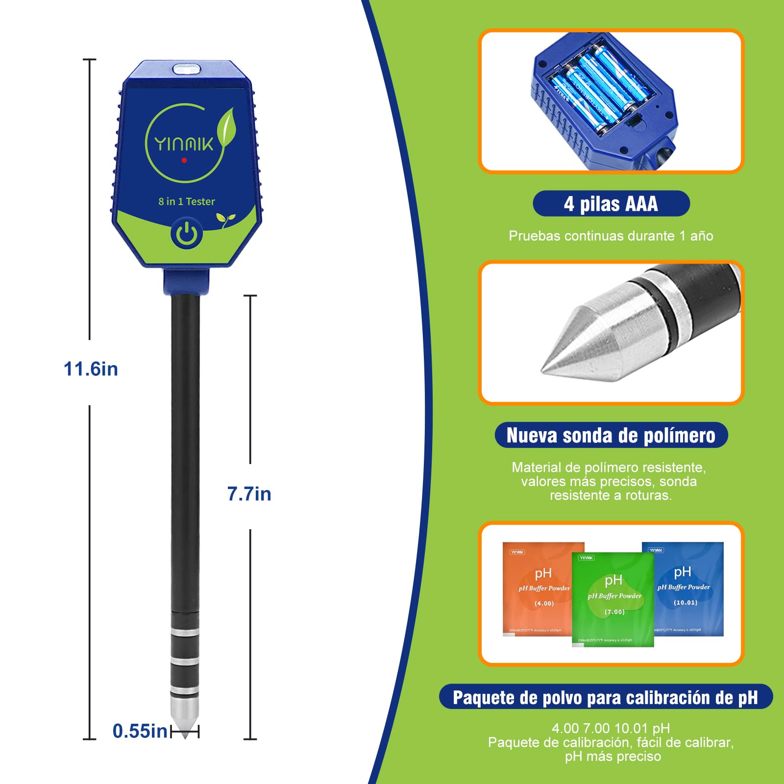 YINMIK Medidor de Suelo 8 en 1 pH Humedad conductividad(EC) para Plantas | Medidor inteligente de pH, humedad, EC, fertilidad, sal, luz, humedad del aire y temperatura para exteriores y jardines