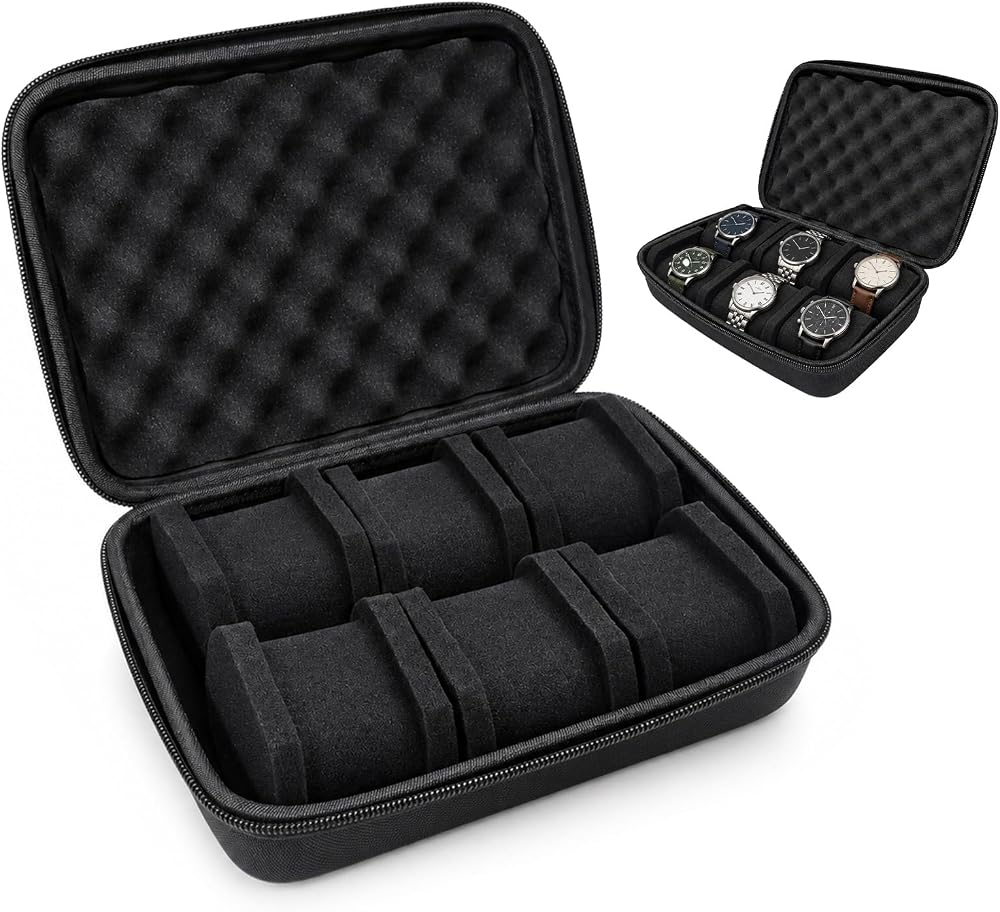 DHSUN Estuches rígidos para relojes, organizador de almacenamiento de relojes con 6 ranuras, estuches para relojes de viaje para hombres y mujeres, pantalla portátil y caja de protección para relojes (negro)