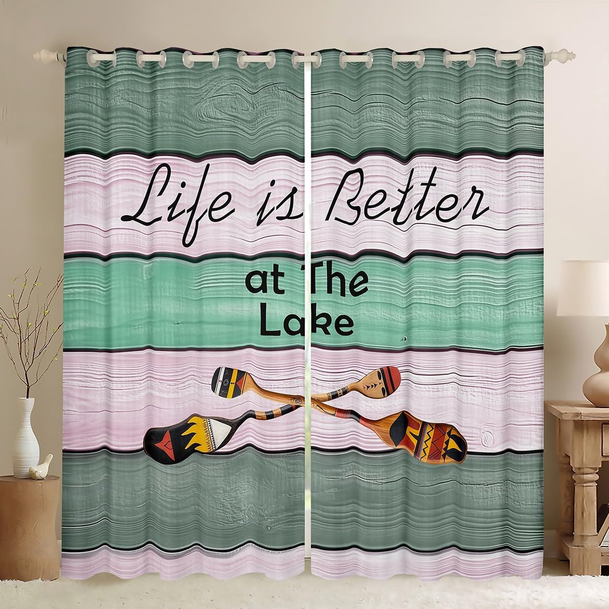 Erosebridal Lake House Blackout Curtains 30-50%,Oars Paddle Curtains 38" Wx45 L for Living Room Bedroom,Wooden Plank Window Treatments 2 Panels,Rustic Farmhouse Curtains Drapes