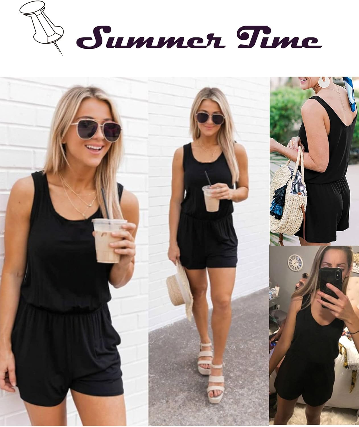 ADOME Rompers for Women Summer Sleeveless Scoop Neck Tank Top Casual Short Jumpsuit Rompers with Pockets - Image 4