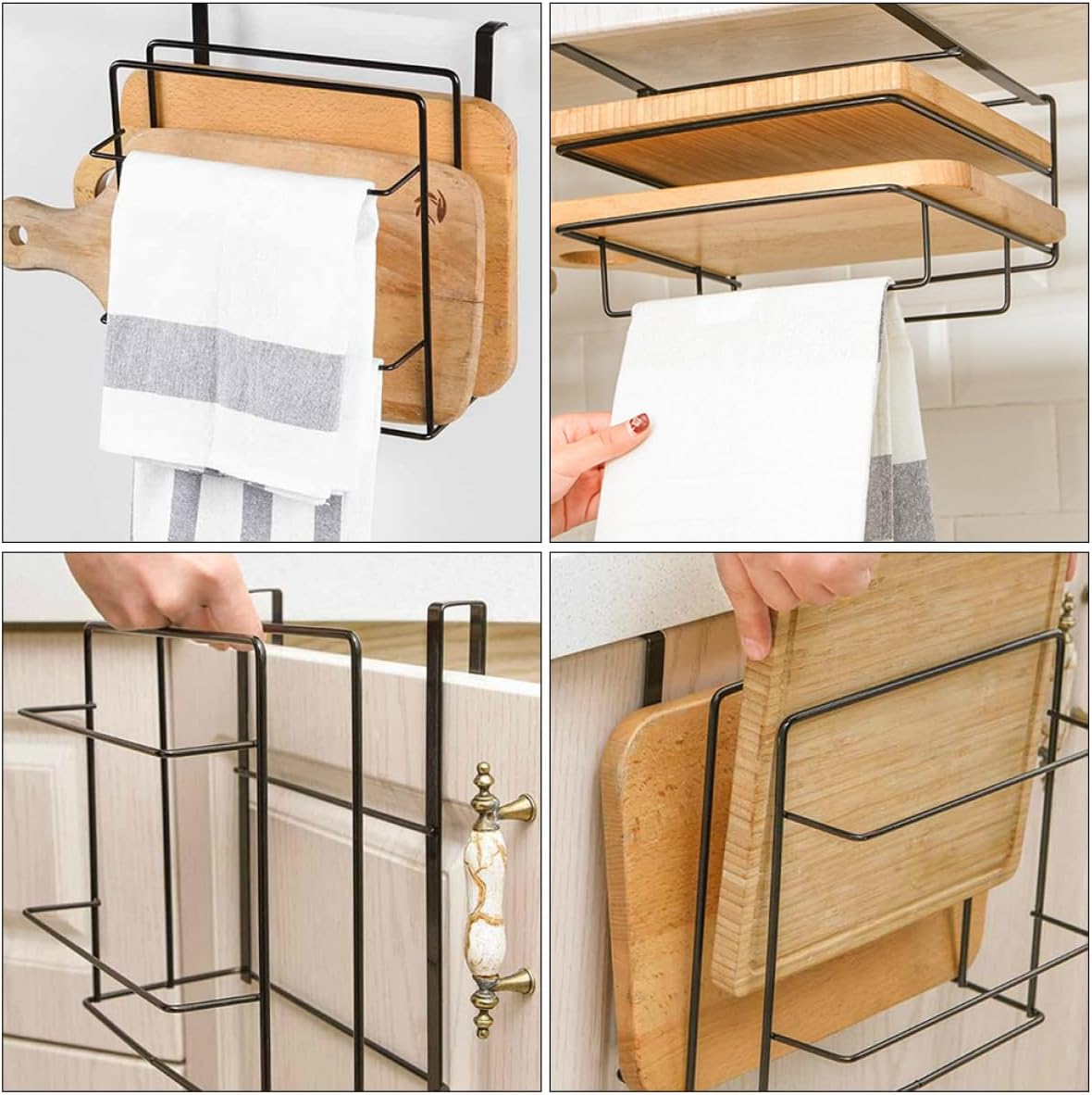 2pcs Over Cabinet Door Organizer Rack with Dual-Layer Iron Frame, Black Kitchen Cabinet Storage Over Door Towel Bar for Pantry and Bathroom Use