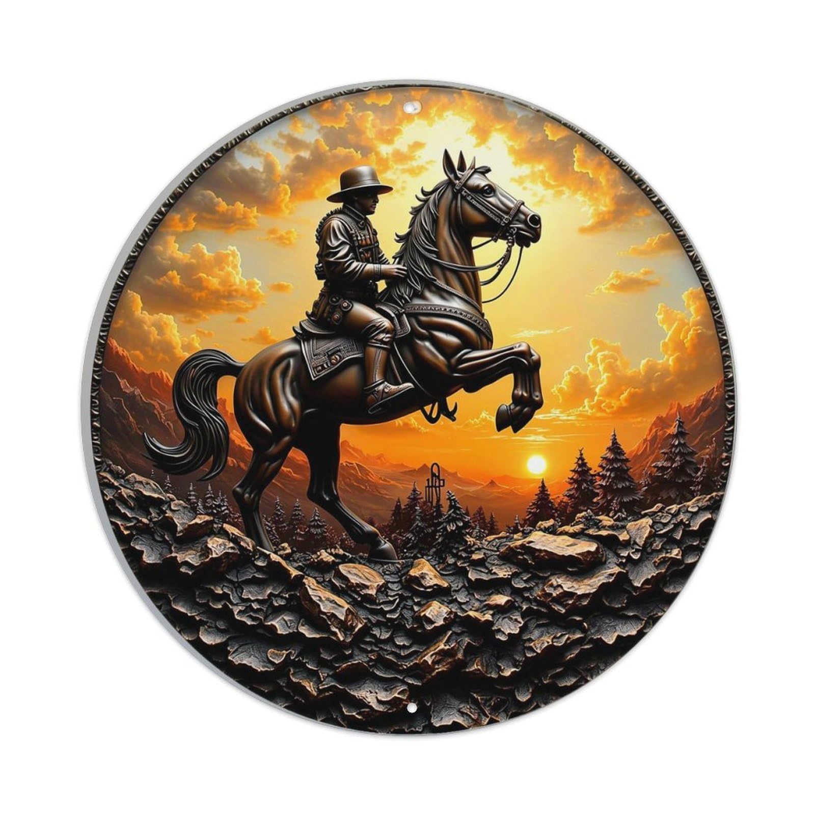 Cowboy Riding Horse Sunset Mountain Retro Metal Sign Round Tin Sign, Vintage Decor Art Poster for Bar, Home, Man Cave, Kitchen, Laundry Room Gift 8x8Inch