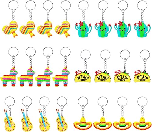 CiciBear Paquete de 24 llaveros de regreso de fiesta mexicana con piñata, sombrero, cactus, taco, guitarra y maraca para fiesta mexicana, fiesta de
