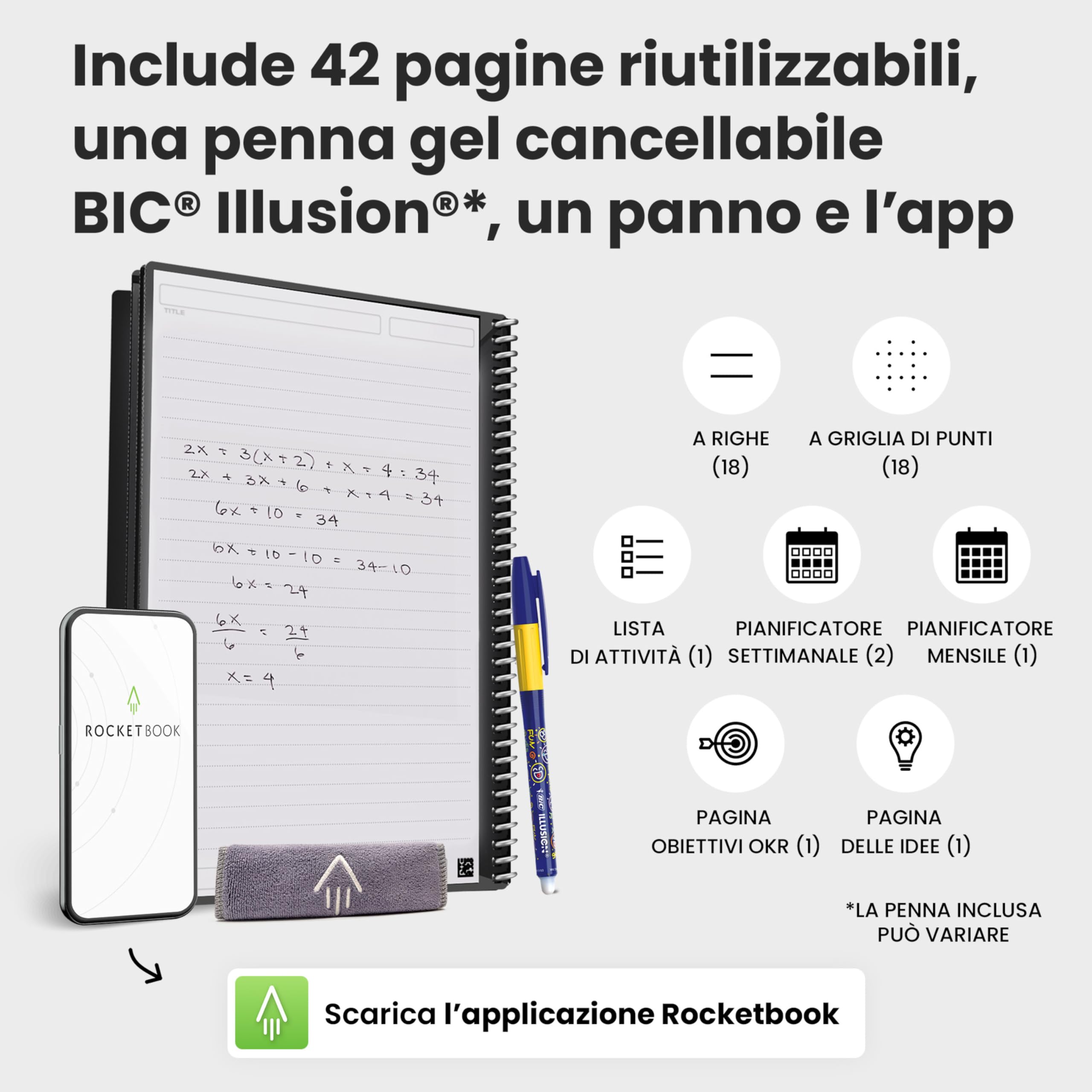 Rocketbook Fusion Planner Agenda Digitale Riutilizzabile, Formato Executive 15 cm x 22,4 cm, Nero - Obiettivi, Calendario Mensile e Settimanale, To-Do List Giornaliera, Pagine a Righe e Puntinate