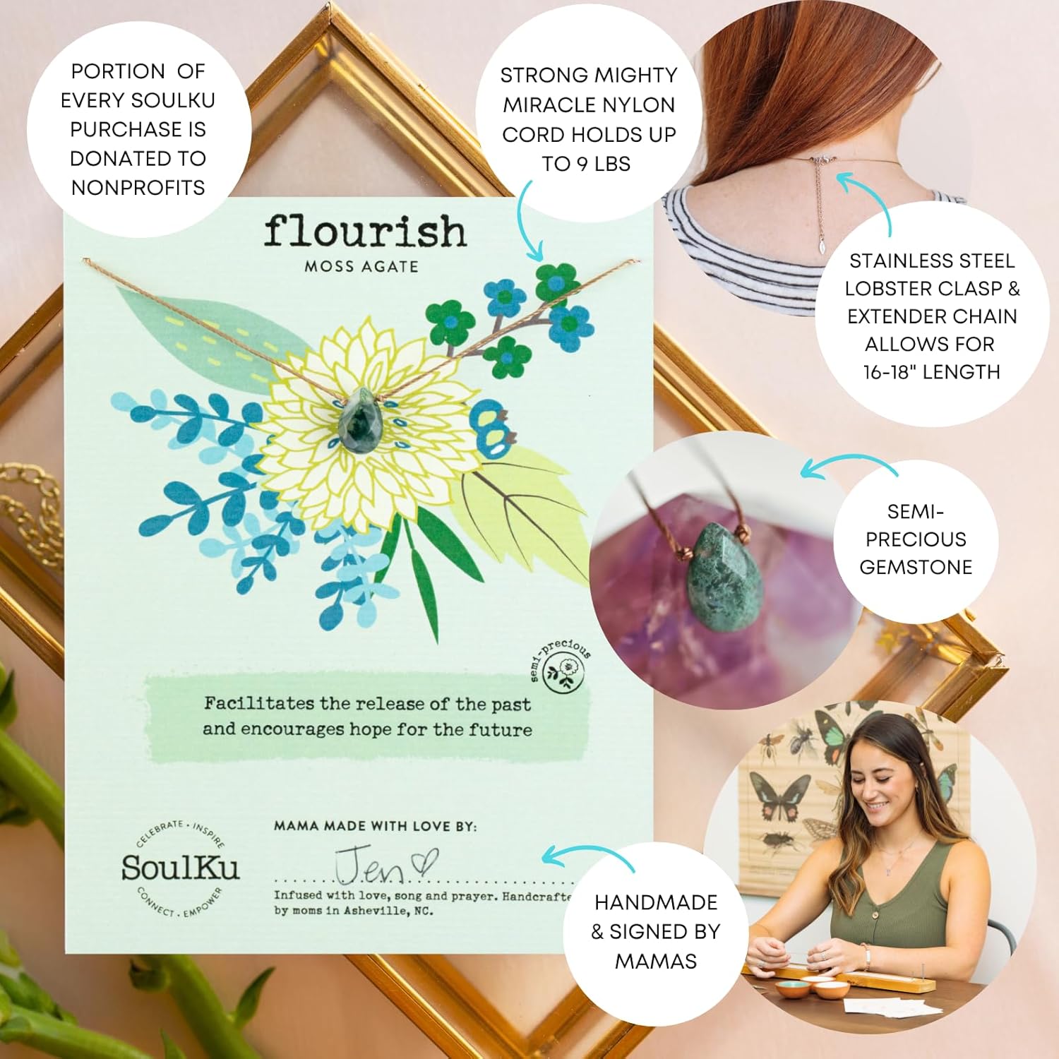 SoulKu Handcrafted Necklace, Empowerment Jewelry With Healing Crystal, Inspirational Jewelry For Women, Mom & Sister Gifts, 2" Extender With Lobster Clasp, 16" Nylon Cord - Image 4