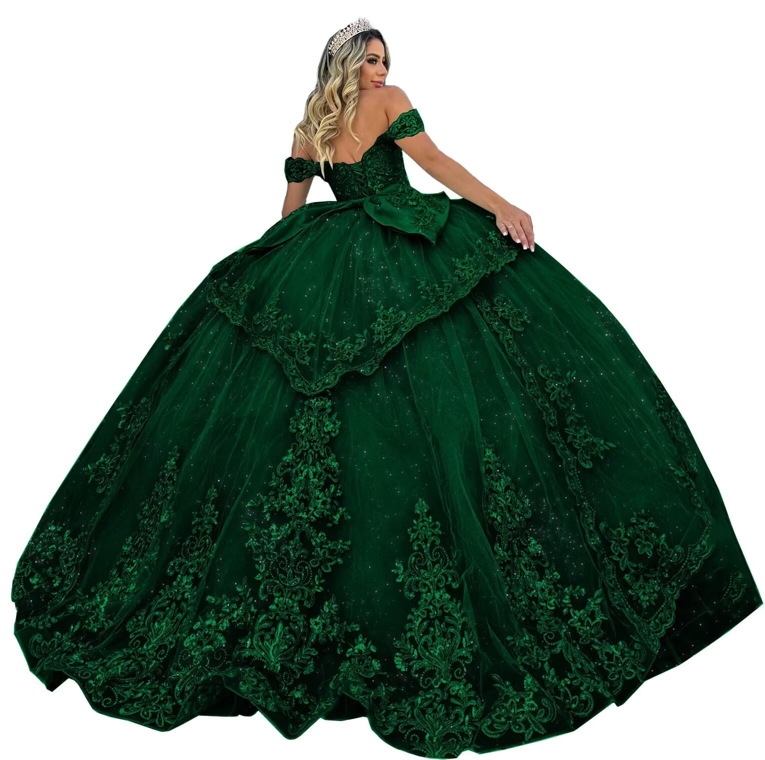 PFTFB Gorgeous Beading Applique Quinceanera Dresses with Bow Off Shoulder Sweet 16 Dresses Layered Tulle Quince Dress