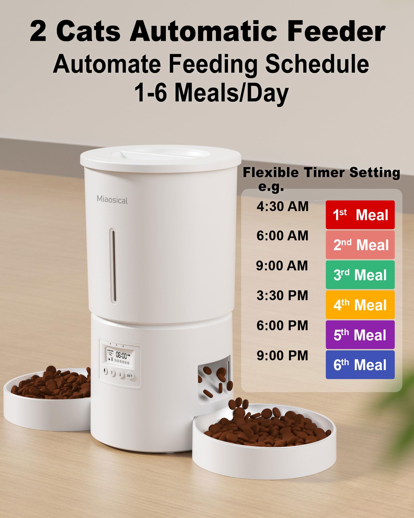 Miaosical Distributeur Croquettes Chat Automatique avec Double Bol pour 2 Chats, Chatons et Petits Chiens (Blanc, 4.2L+De Base 2 Bols)
