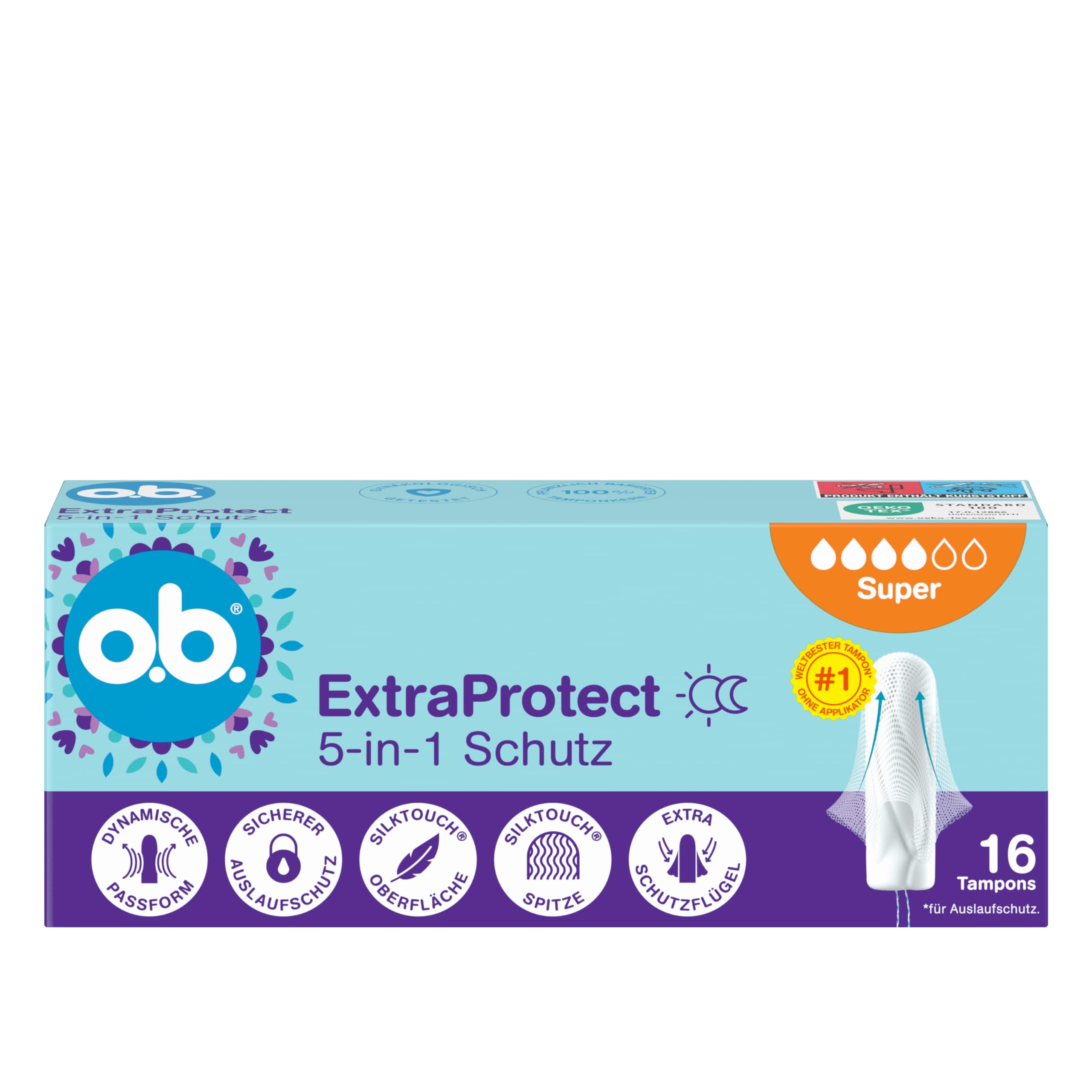o.b. ExtraProtect 5 w 1 tampony ochronne (5 x 16 szt.) z dodatkowymi skrzydłami ochronnymi dla najlepszej na świecie niezawodnej ochrony przed wyciekiem i komfortu