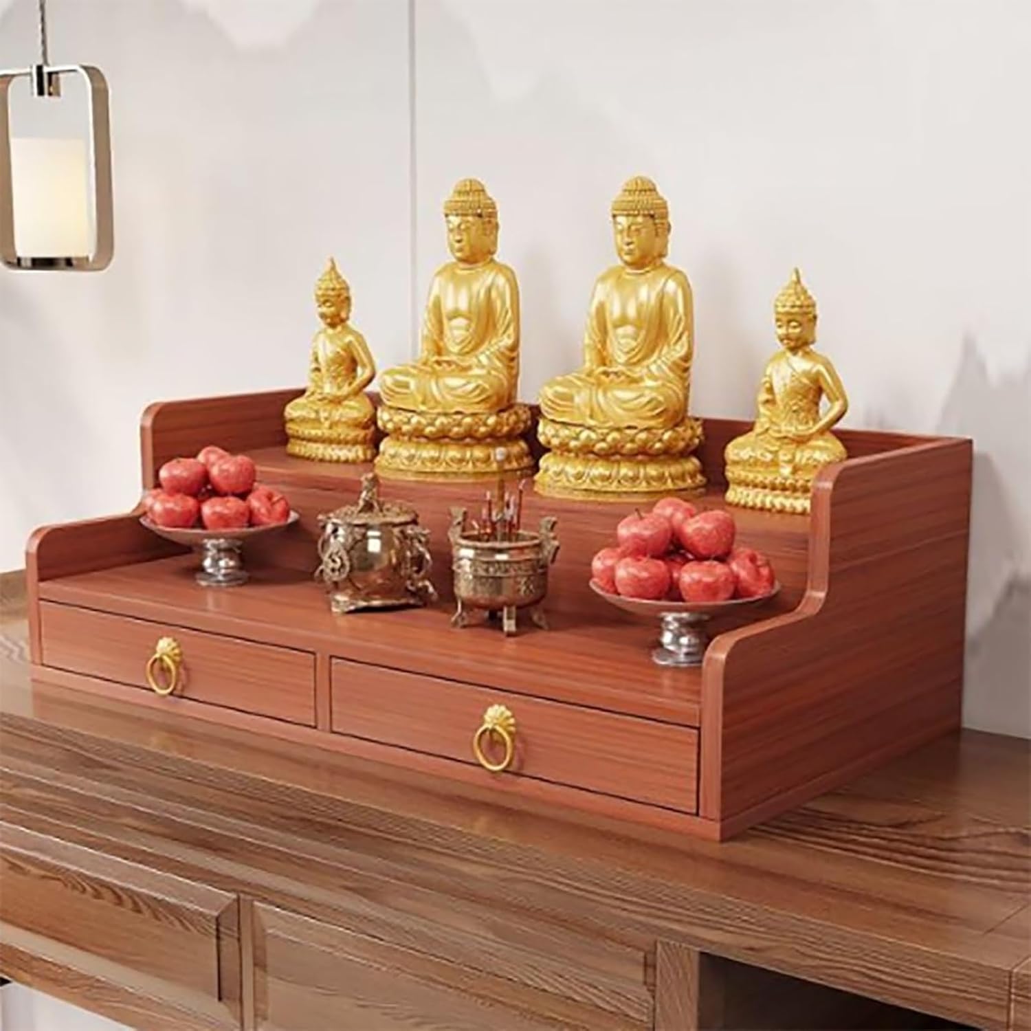 Wall-Mounted Buddha Altar Shelf With Triangular Bracket, Altar Table With Storage, Stable Load-bearing, Alter Cabinet For Witch Wiccan Buddhist Shrine Prayer Stand Riser Home Decor(Light walnut