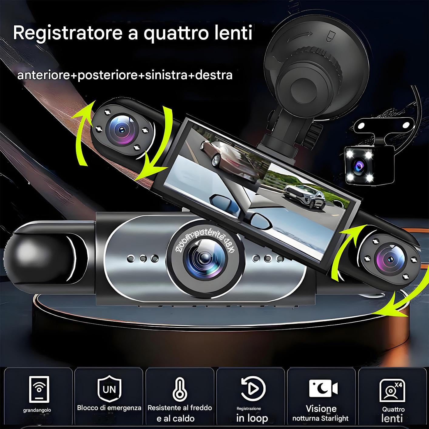 Dash Cam per Auto Videoregistratore 4 Anteriore e Posteriore | Registratore Anteriore Posteriore Lato Sinistro Destro 1080P HD con Scheda 32G e Immagine Retromarcia per Parcheggio