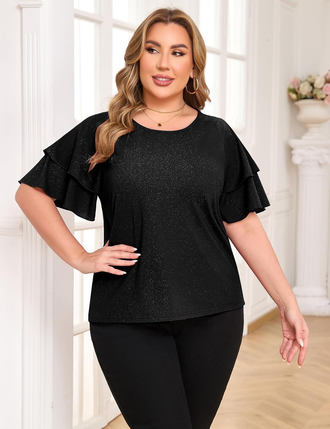 ZOMVA Women's Plus Size Sparkly Top Glitter Blouse Short Ruffle Sleeves Dressy Shirt Elegant Party - Image 3