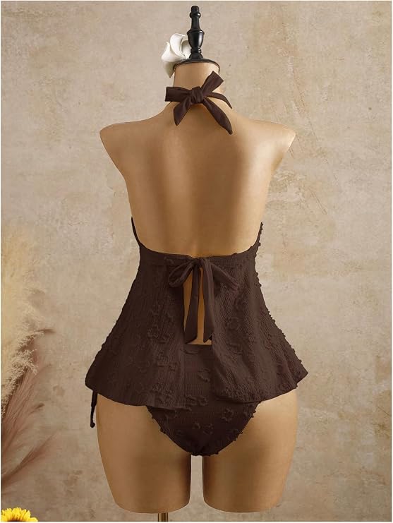 Verdusa Women's 2 Piece Halter Tankini Set Textured Babydoll Tops with Panty Swimsuits
