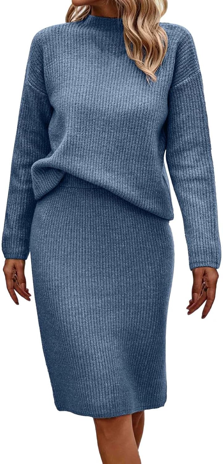 Women 2 Piece Turtleneck Knit Sweater Skirt Set Midi Sweater Dress Long Sleeve Pullover Bodycon Knitted Skirt Outfit