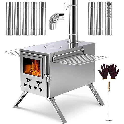 H&ZT Large Hot Tent Stove, Upgraded Wood Burning Stove with 9 Chimney Pipes, Portable Camping Heater for Cooking, Hunting & Winter Warmth