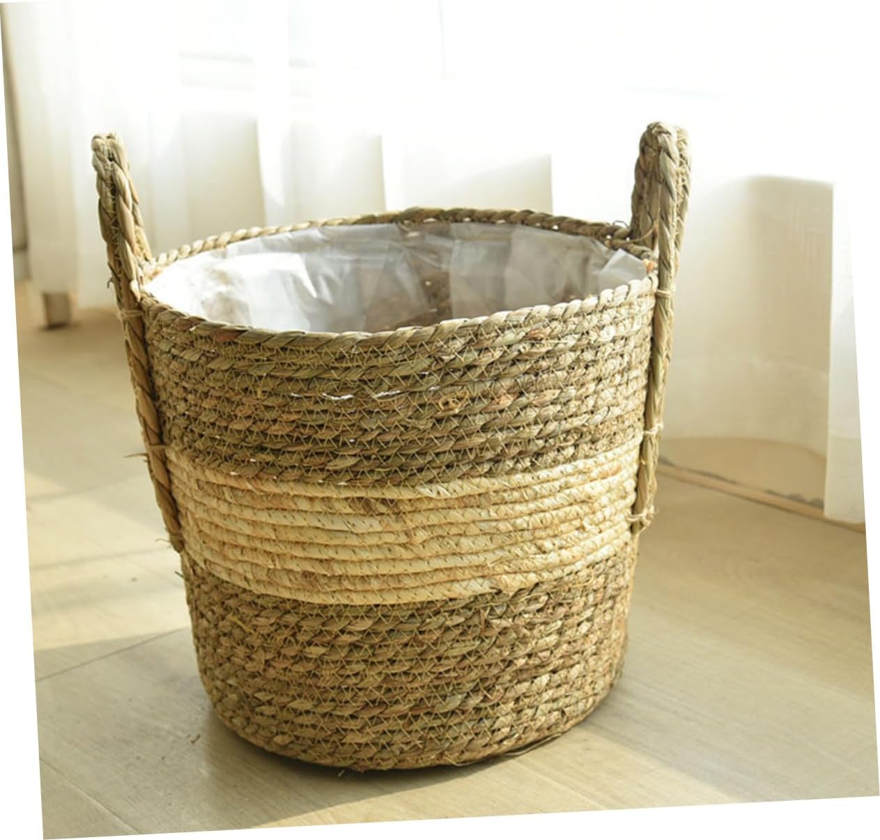 balacoo Straw Woven Storage Basket Handle Hand Woven Container for Home Office and Weddings Elegant Rustic Decor for Organizing Plants Medium