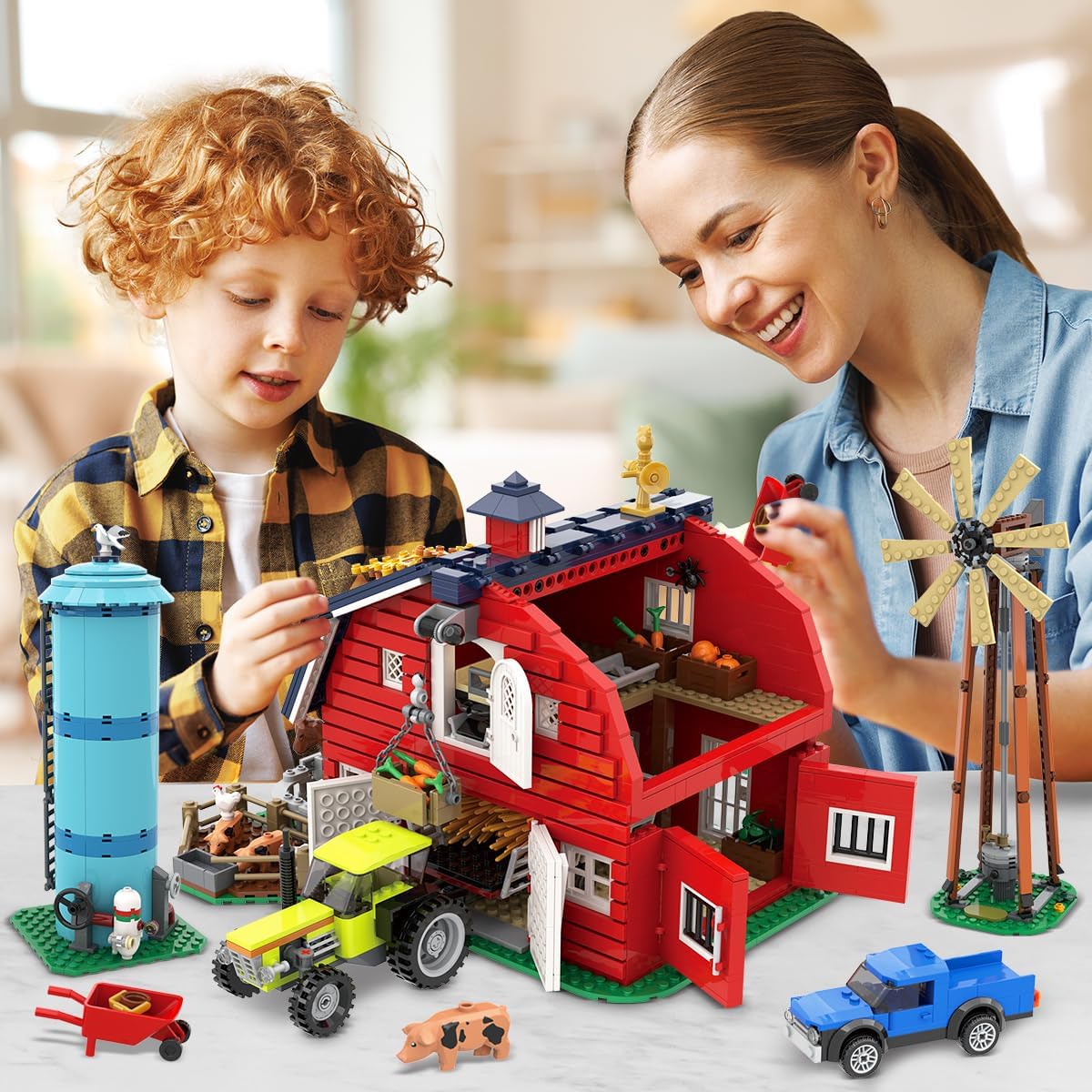 Child and adult assembling the INSOON Farm Barn Building Set
