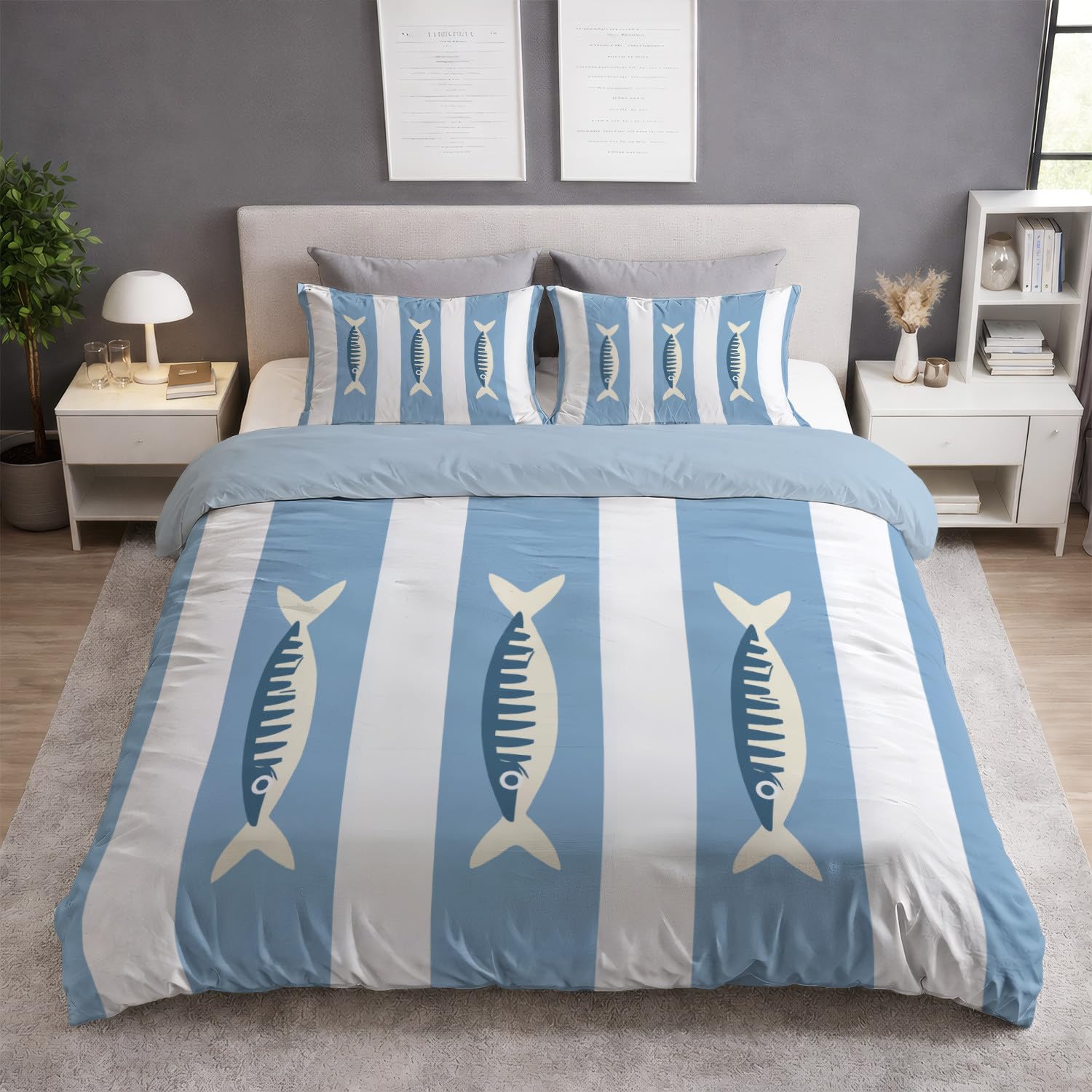 Poszwa na kołdrę Zima w paski - 220 x 240 cm - Dwustronna niebieska Ice Microfiber - 2 poszewki na poduszki w zestawie - Pościel morska Świeży wzór ryb - Morbid Microfiber Duvet Cover