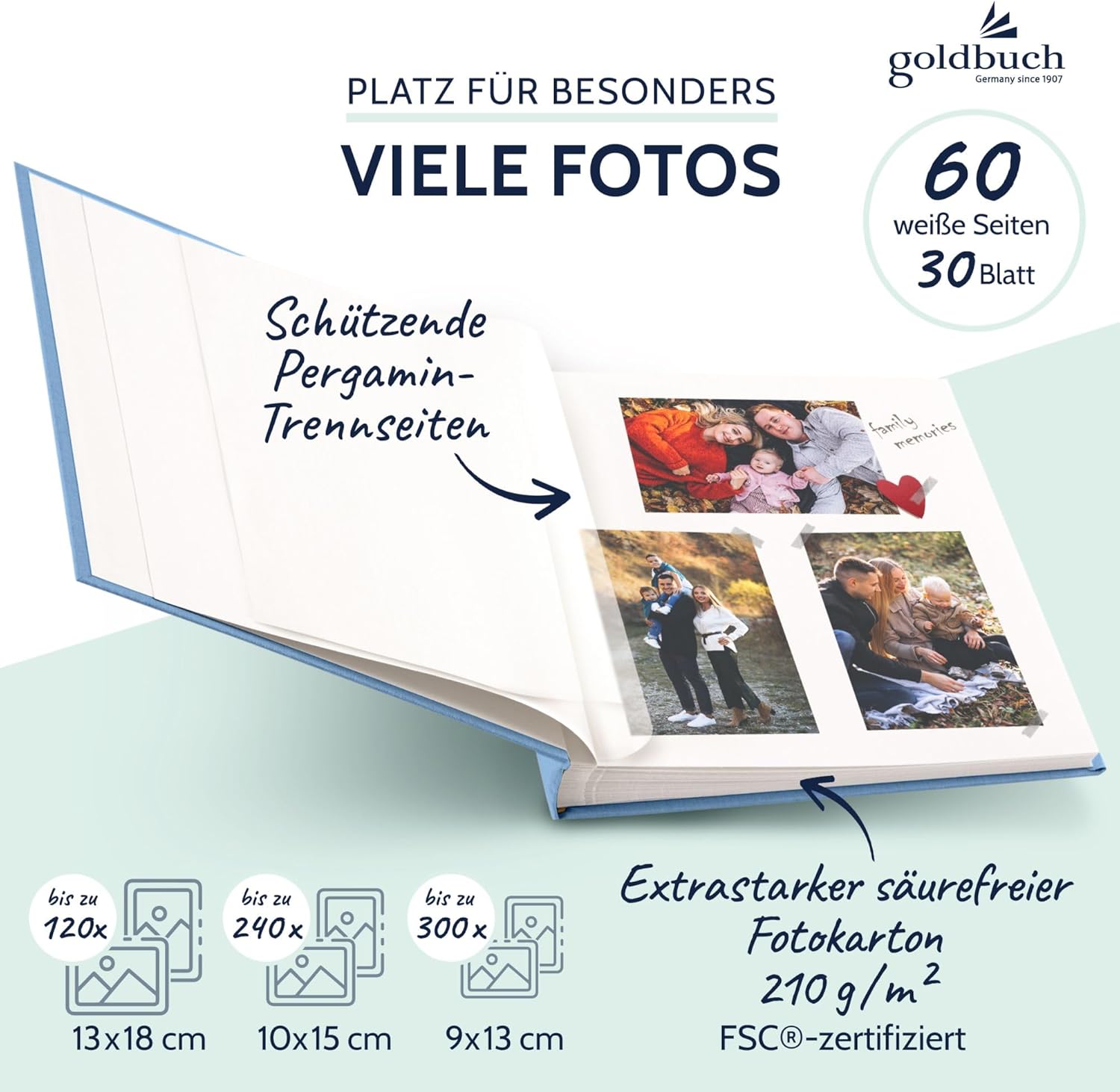 goldbuch Canvas Photo Album, Sky Blue, White Pages, 30 x 31 x 4 cm