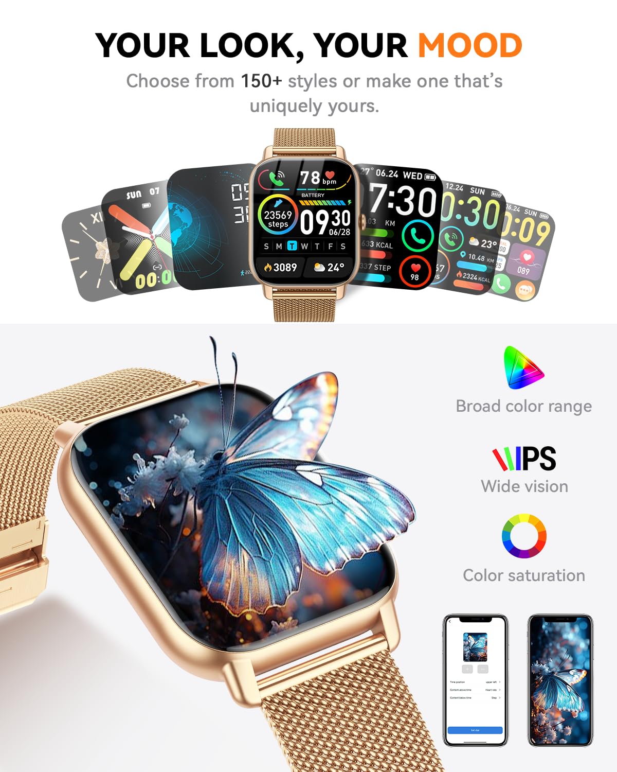 Relojes inteligentes para hombres y mujeres, rastreador de fitness con contador de actividad/monitor de sueño, IP68 resistente al agua para Android, iPhone iOS (funda de arena cálida con correa dorada