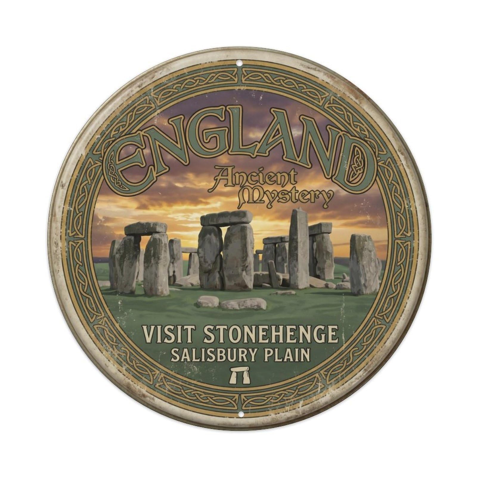 Vintage Travel Stonehenge Ancient Mystery Metal Tin Sign Plaque Wall Decor for Cafe, Club, Garden Round Metal Poster 8x8Inch