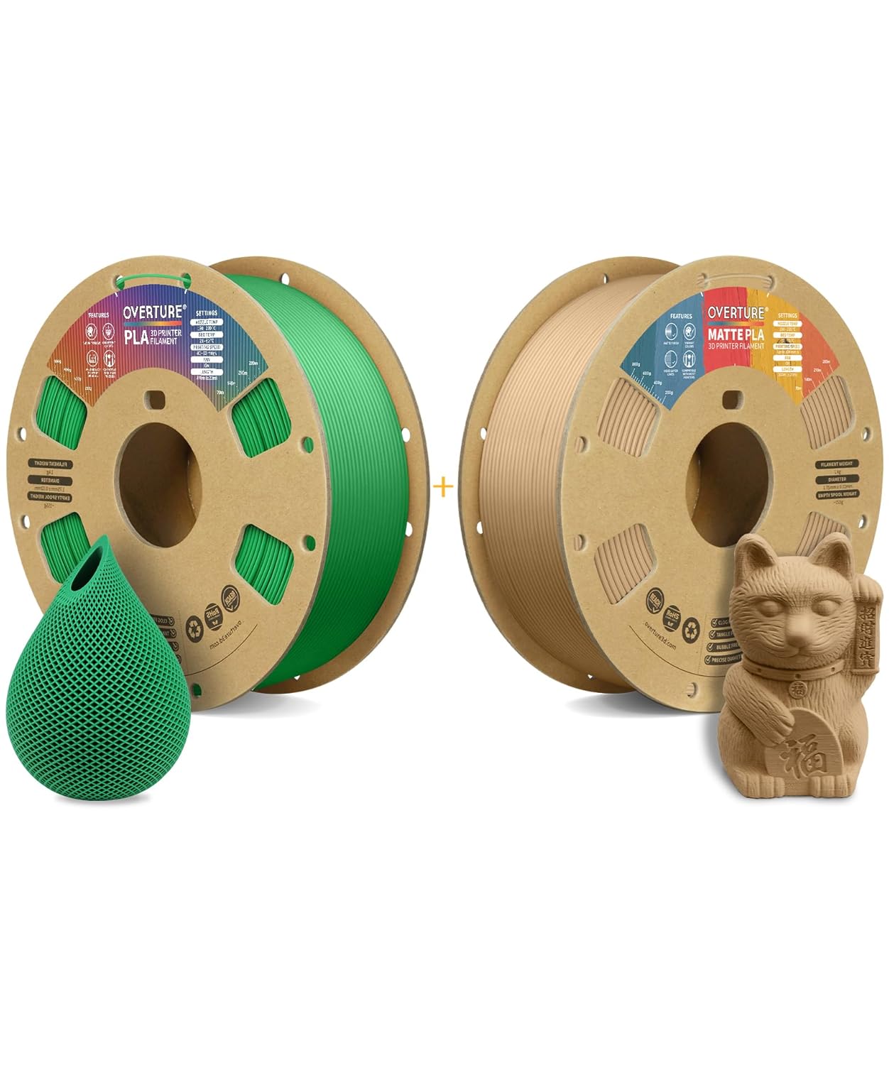 OVERTURE Green PLA and Brown Matte PLA Filament fit Most FDM 3D Printers, 1kg per Spool, Pack of 2