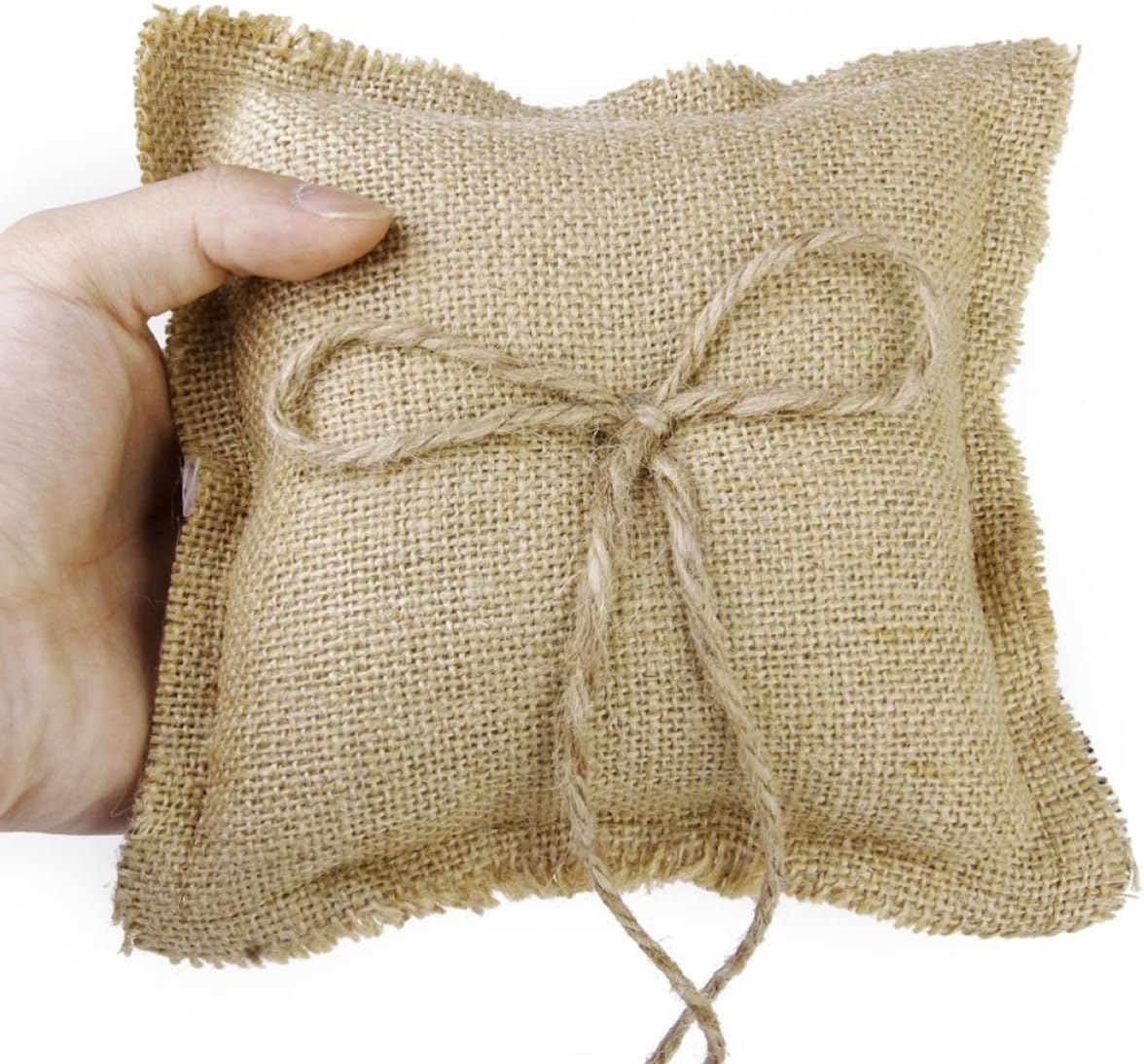 Wedding Ring Bearer Pillow Cushion, Beige Jute Bowknot Ceremony