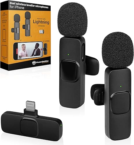 PowerDeWise Micrófonos Lavalier inalámbricos para iPhone, cancelación de ruido, Plug & Play, paquete de 2