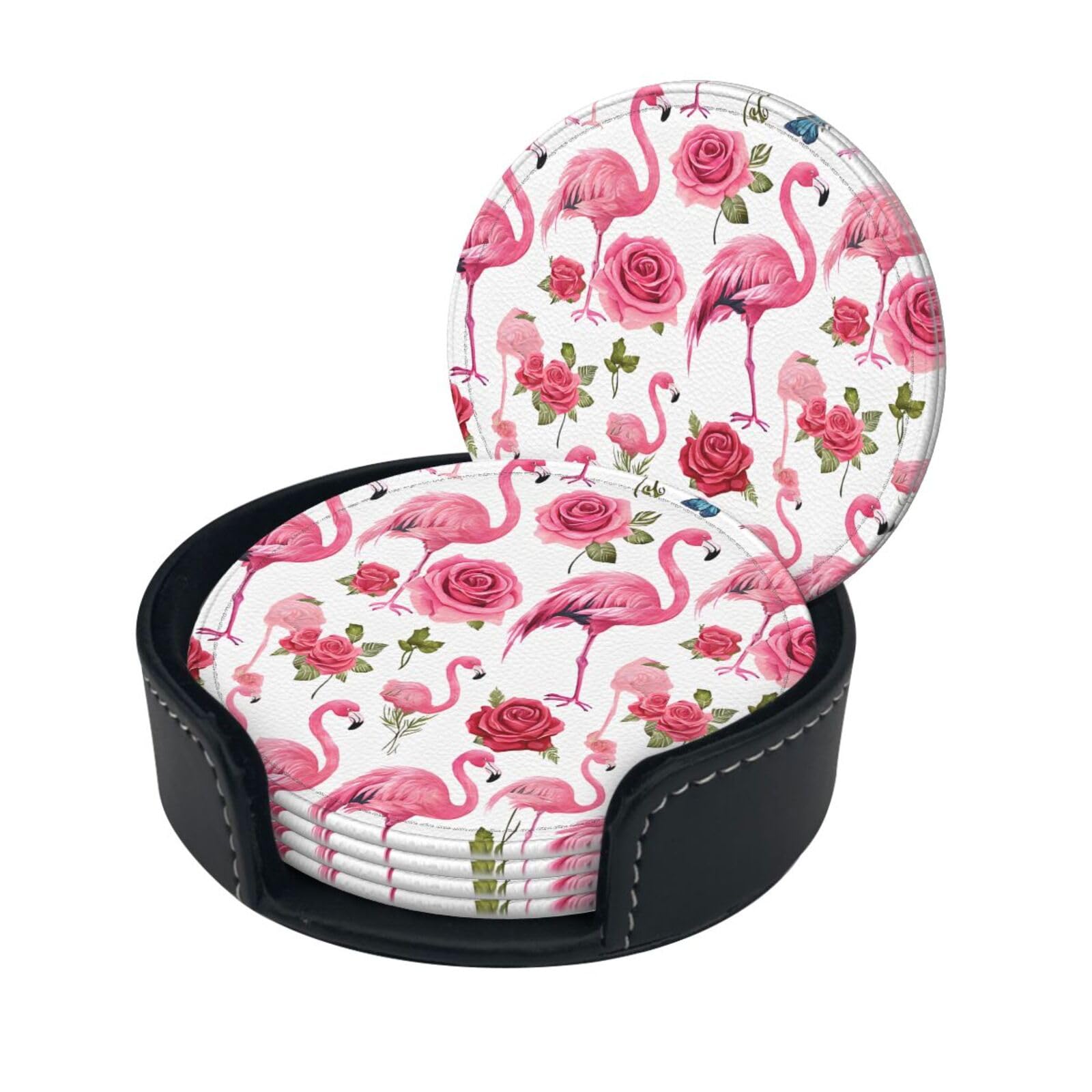 Pink Flamingos Print Coaster,Round Leather Coasters with Storage Box for Wine Mugs,Cold Drinks and Cups Tabletop Protection (6 Piece)