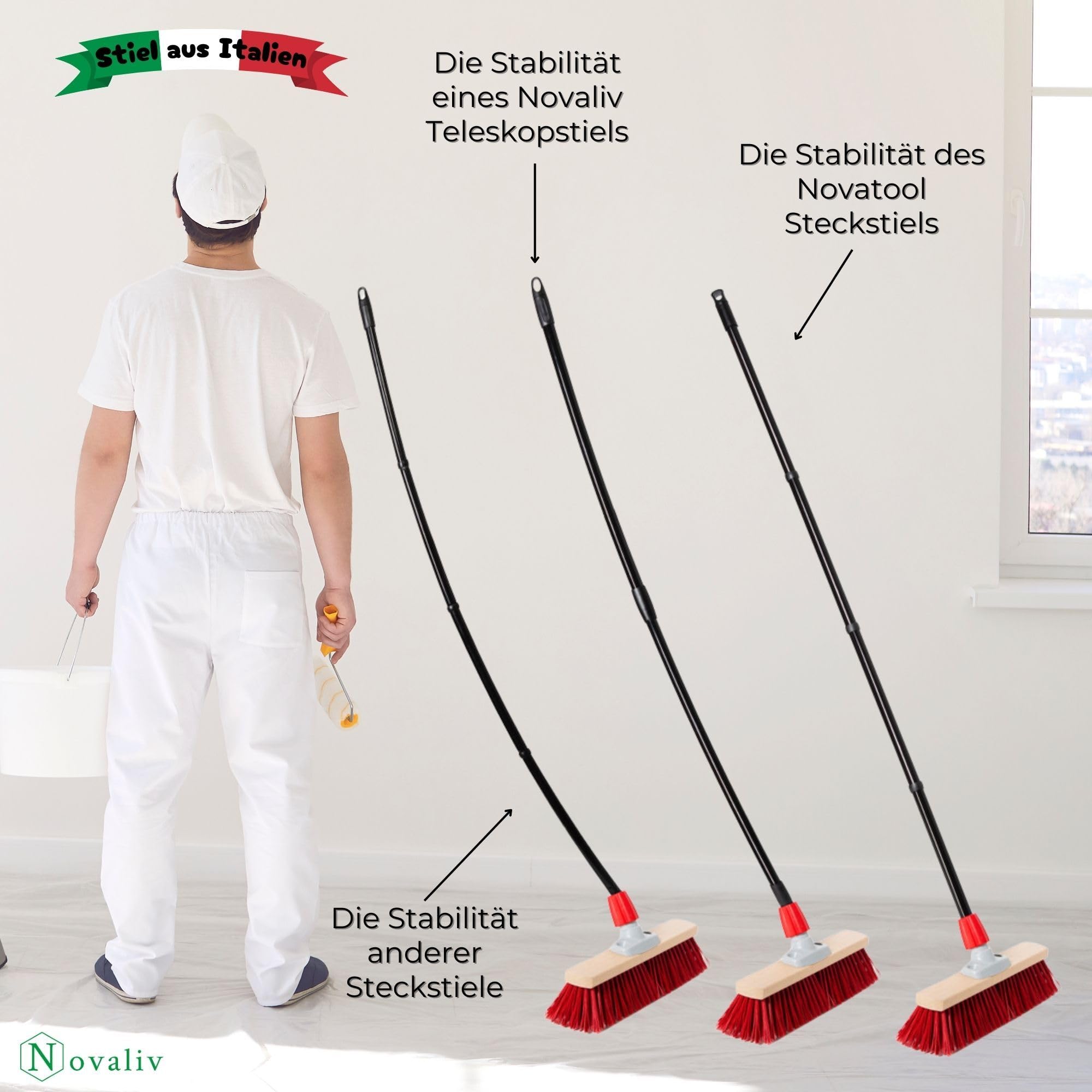Novaliv 2x Vielseitiger Premium Schraub-Besenstiel 137 cm - 2,6 cm Stabil Langlebig Schwarz Verstellbar 137 cm auf 94,5 cm Perfekt für Kehren, Schrubben & Fensterputzen Hochwertige Metallkonstruktion